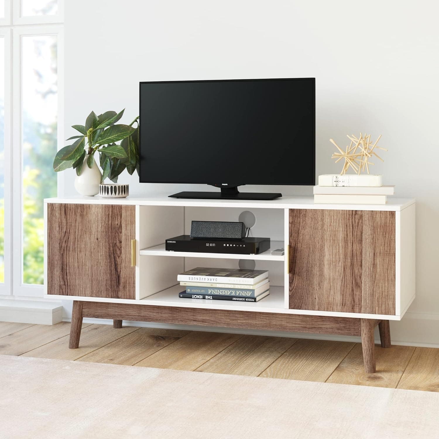 Nathan James Wesley Scandinavian TV Stand Media Console with Wooden Frame and Cabinet Doors, White/Rustic Oak