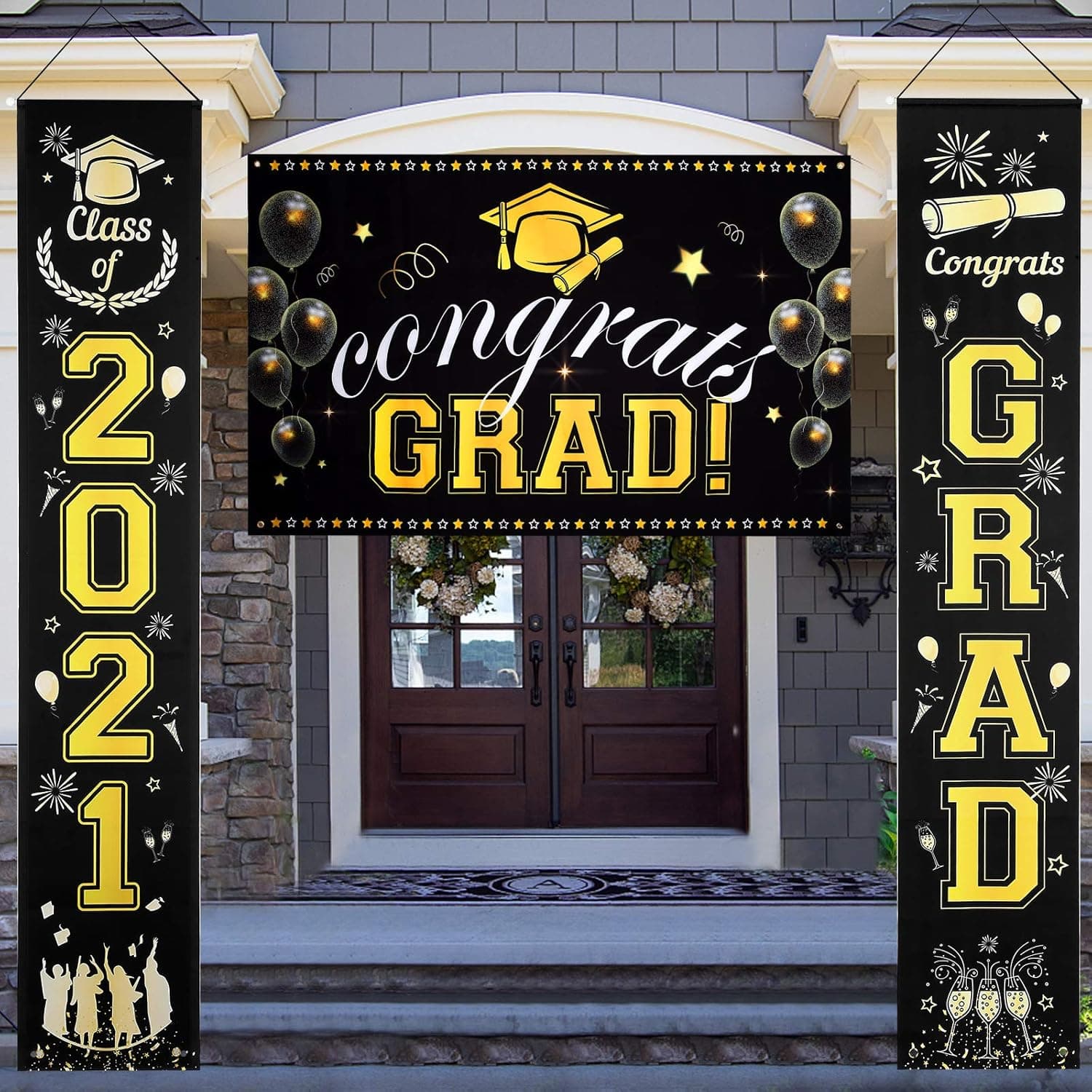 Graduation Banner and Porch Signs, Graduation 2021 Decorations- Class of 2021 Congrats Grad Banner Party Hanging Banner, Party Decorations Banner for Indoor Outdoor Yard Porch Décor (Black & Gold)