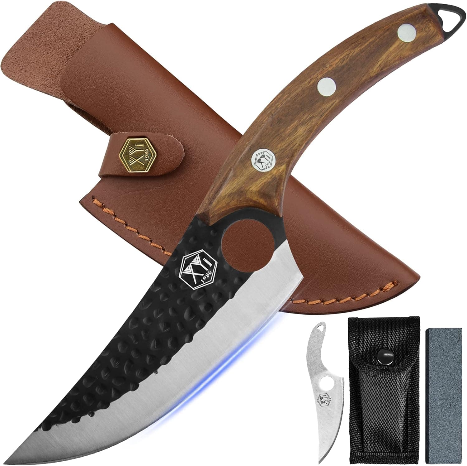 XYJ FULL TANG 6 Inch Stainless Steel Boning Knife Chef Fishing Knives Carry Leather Sheath Outdoor Cooking Knives Meat Butcher Knife For Camping Kitchen or Outdoor BBQ