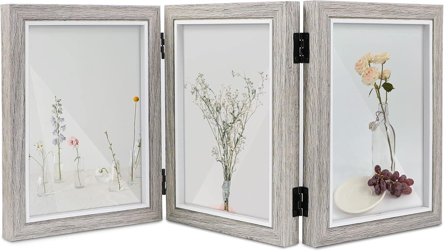 Shampsen Trifold Picture Frame 5x7 Three Photo Collage Frame Grey Hinged Triple Foldable Frame Tabletop Desk Display Gift for Mother,Friend