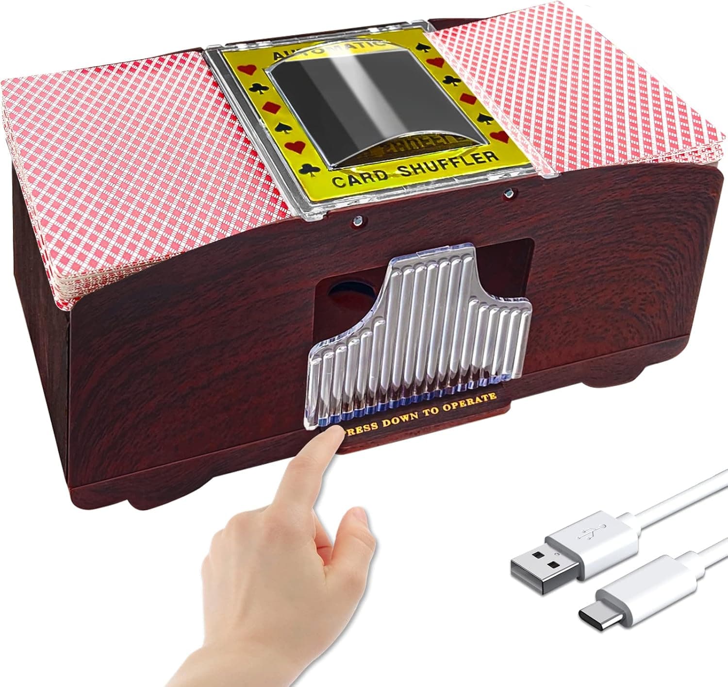 Taie Hyung Upgraded Automatic Card Shuffler, Exquisite Wood Grain 2 Deck USB/Battery Operated Electric Professional Shuffler Machine with 2 Sets of Poker for Casino, Home Card Games, Playing Cards