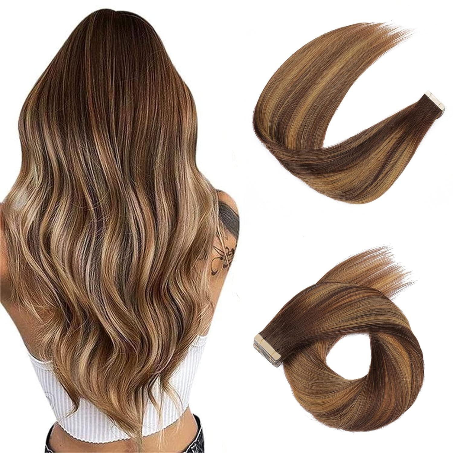 ShowJarlly Tape in Hair Extensions Human Hair 18inch 40piece Real Human Hair Remy Hair Invisible Skin Weft Tape in Hair Extensions Balayage Chocolate Brown to Caramel Blonde #4-4/27 80g/pack