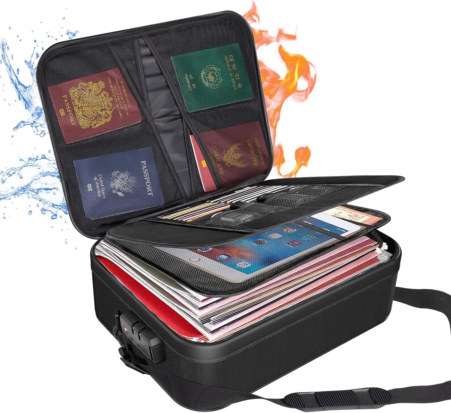 Marvelent File Organizer Bag - Fireproof 3-Layer File Storage Bag with Safe Lock and Shoulder Strap Document Safe Portable Travel Home Organizer Bag for Laptop, Files, Certificates (Black)
