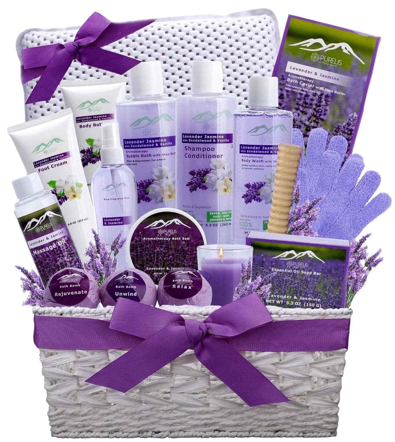 Bath Gift Baskets for Women. Purelis XL Lavender & Jasmine Bath Gifts for Her Spa Basket is Filled with All Natural Spa Goodies! Sulfate & Paraben Free.