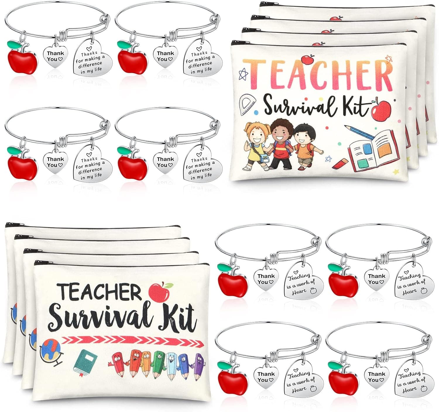 Highergo 16 Pcs Teacher Appreciation Gift Set for Women, 8 Teacher Makeup Pouch Cosmetic Bags and 8 Teacher Bangle Bracelets, Graduation End of Year Thank You Gifts for Teacher (Heart Style)