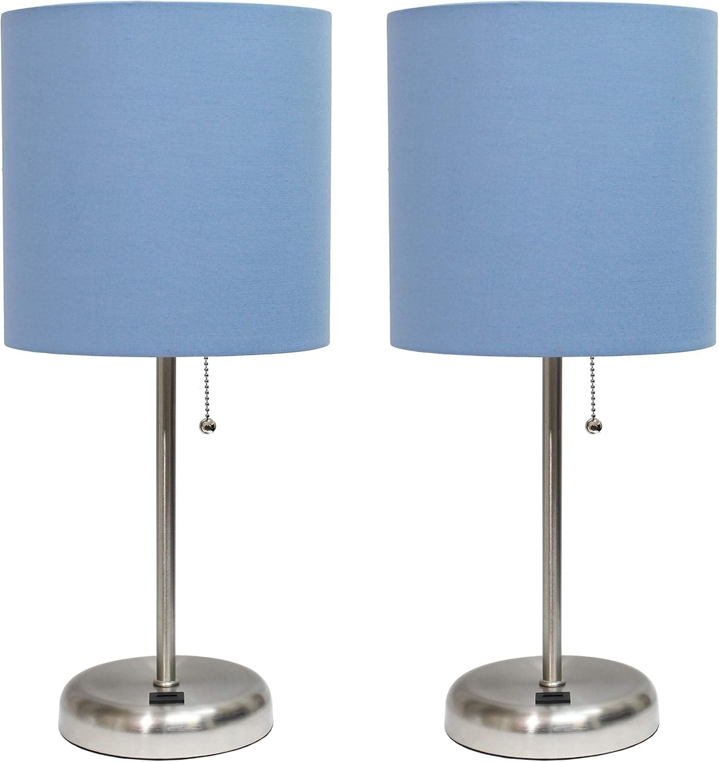 Limelights LC2002-BLU-2PK Brushed Steel Stick Lamp with USB Charging Port and Blue Fabric Shade 2 Pack Table Desk Lamp Set