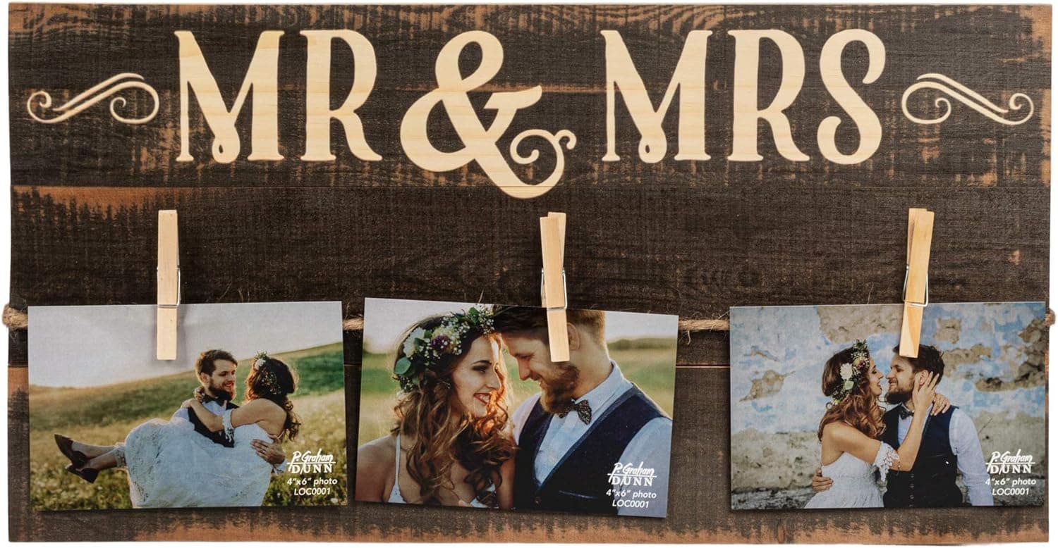 P. Graham Dunn Mr & Mrs Rustic 3 Photo 11 x 20 Wall Sign Picture Frame Collage with Clothespins