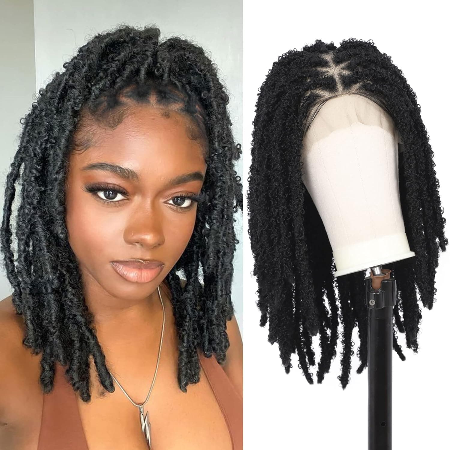 Lexqui 20" Triangle Knotless Butterfly Locs Braided Wigs for Black Women Shoulder Length Locs Braids Wigs with Baby Hair Full Double Lace Twist Locs Hair Wigs Synthetic Short Lace Front Briaded Wigs