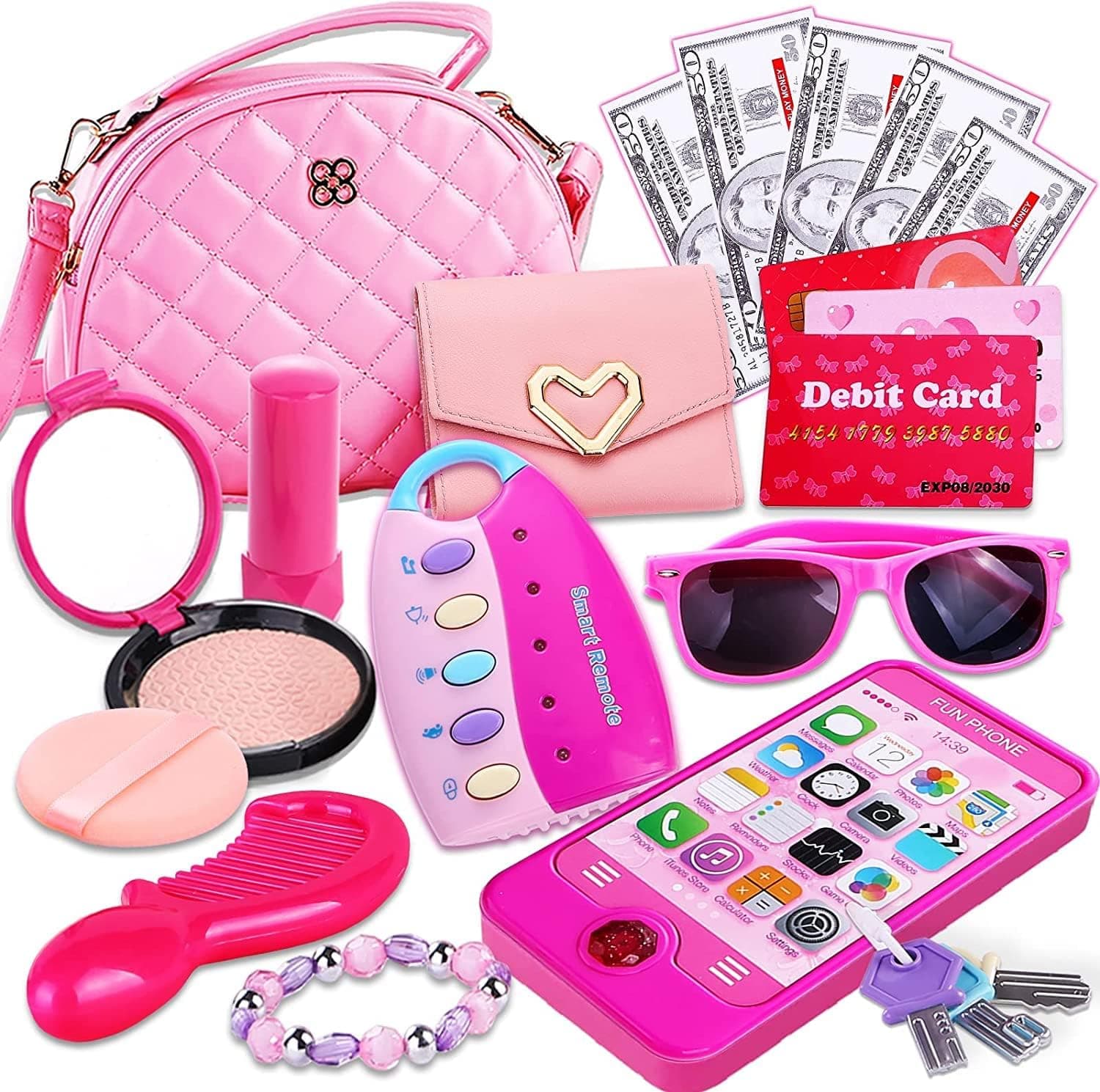 Peertoys Kids Makeup Kit Girls Purse - Cute Pretend Cosmetics Mini Bag Toy Cell Phone Wallet Money Credit Card Accessories Kit Gifts Baby Girl Princess Toddler Ages 3,4,5,6,7,8,9,10,11,12 Years Old