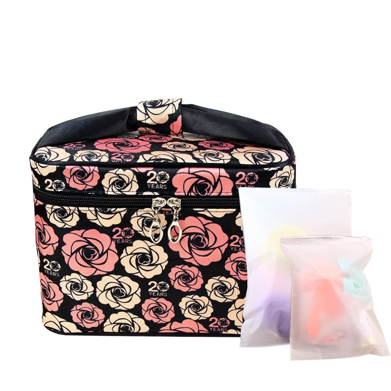 InfiniteB Cosmetic Bag Multifunction Portable Toiletry Bag Makeup Pouch Travel Hanging Organizer Bag With 2 Storage Bag (Black Flower)