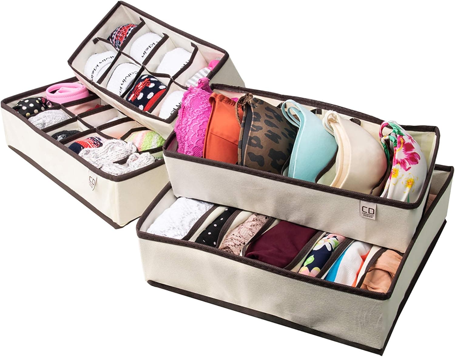 Underwear Sock Drawer Closet Organizer – Set of 4 Collapsible Beige Fabric Foldable Storage Boxes Draw Organizers Divider for Panties Bra Socks Tie Belt Lingerie Clothing Fits Under Bed Drawer Closet