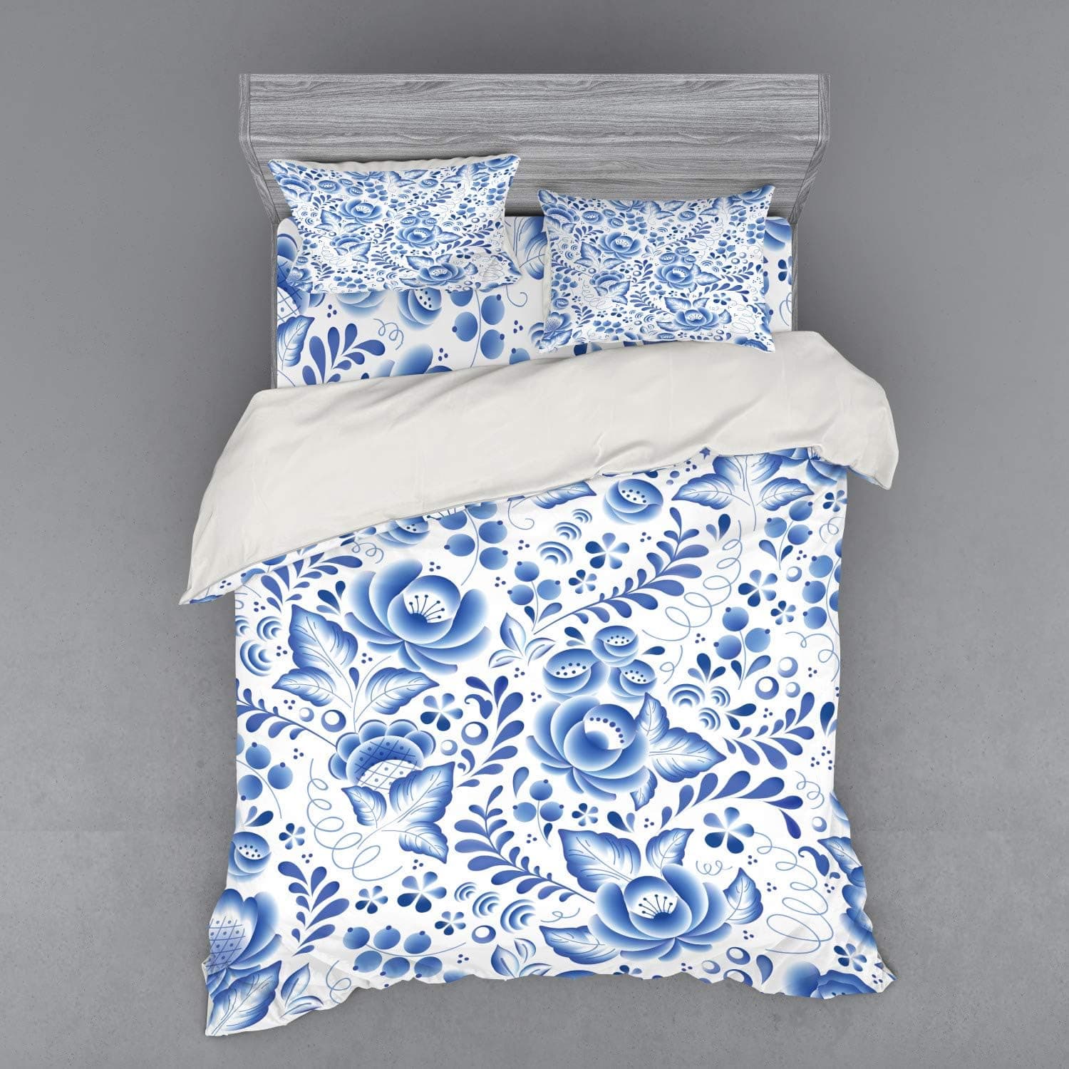 Ambesonne Vintage Blue Duvet Cover Set, Ukranian Style Traditional Motif Floral Pattern with Berries Leaves, 4 Piece Bedding Set with Shams and Fitted Sheet, Queen Size, Cobalt Blue and White