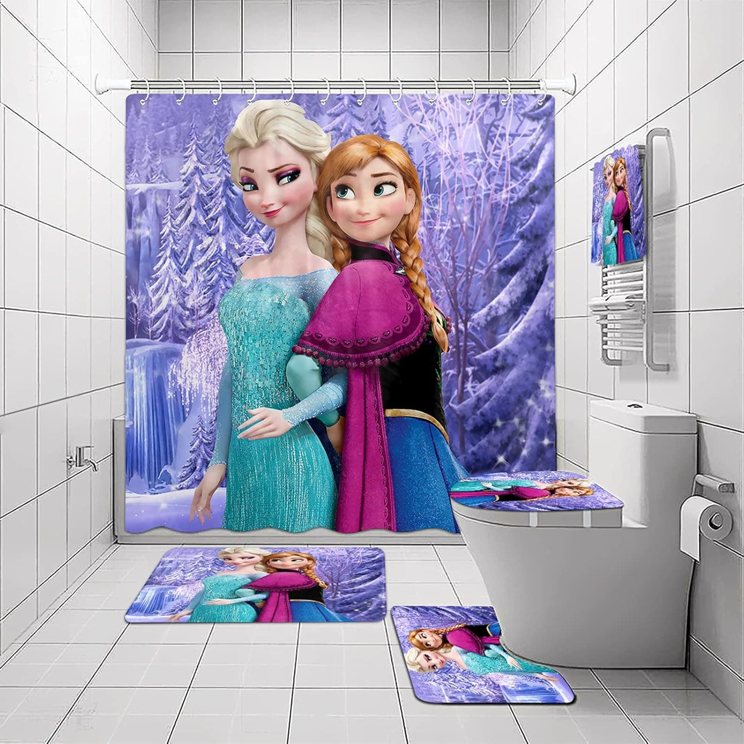 YIANMOLEV 5 Pcs Shower Curtain Sets with Rugs and Microfiber Towels, Include Non-Slip Rug, Toilet Lid Cover and Bath Mat, Shower Curtain with 12 Hooks for Bathroom