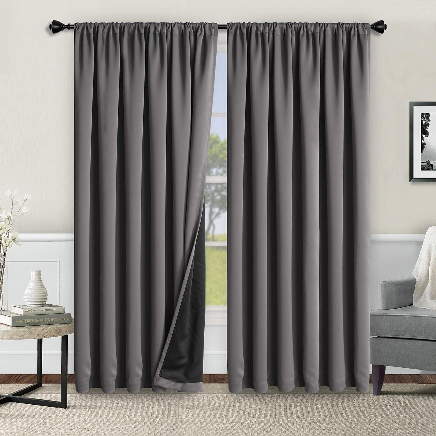 WONTEX 100% Thermal Blackout Curtains for Bedroom - Winter Insulating Rod Pocket Window Curtain Panels, Noise Reducing and Sun Blocking Lined Living Room Curtains, Grey, 42 x 72 inch, Set of 2