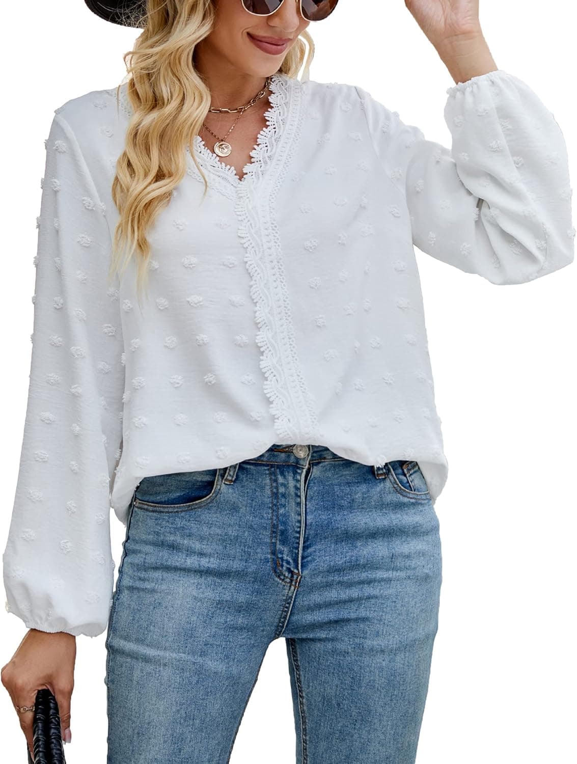 Leereya Womens Dressy Casual Blouses Long Sleeve V Neck Lace Patchwork Casual Basic Chiffon Business Tops Shirts