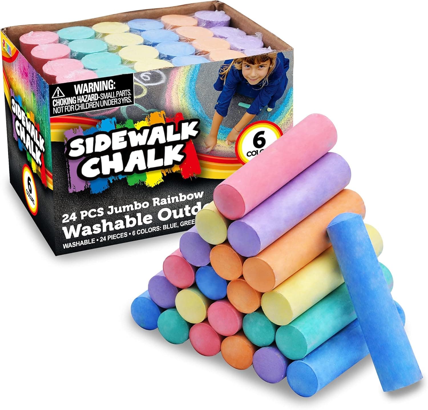24 PCS Washable Sidewalk Chalks Set Non-Toxic Jumbo Chalk for Schools, Outdoor Art Play, Paint on Chalkboard, Blackboard and Playground (6 Colors))