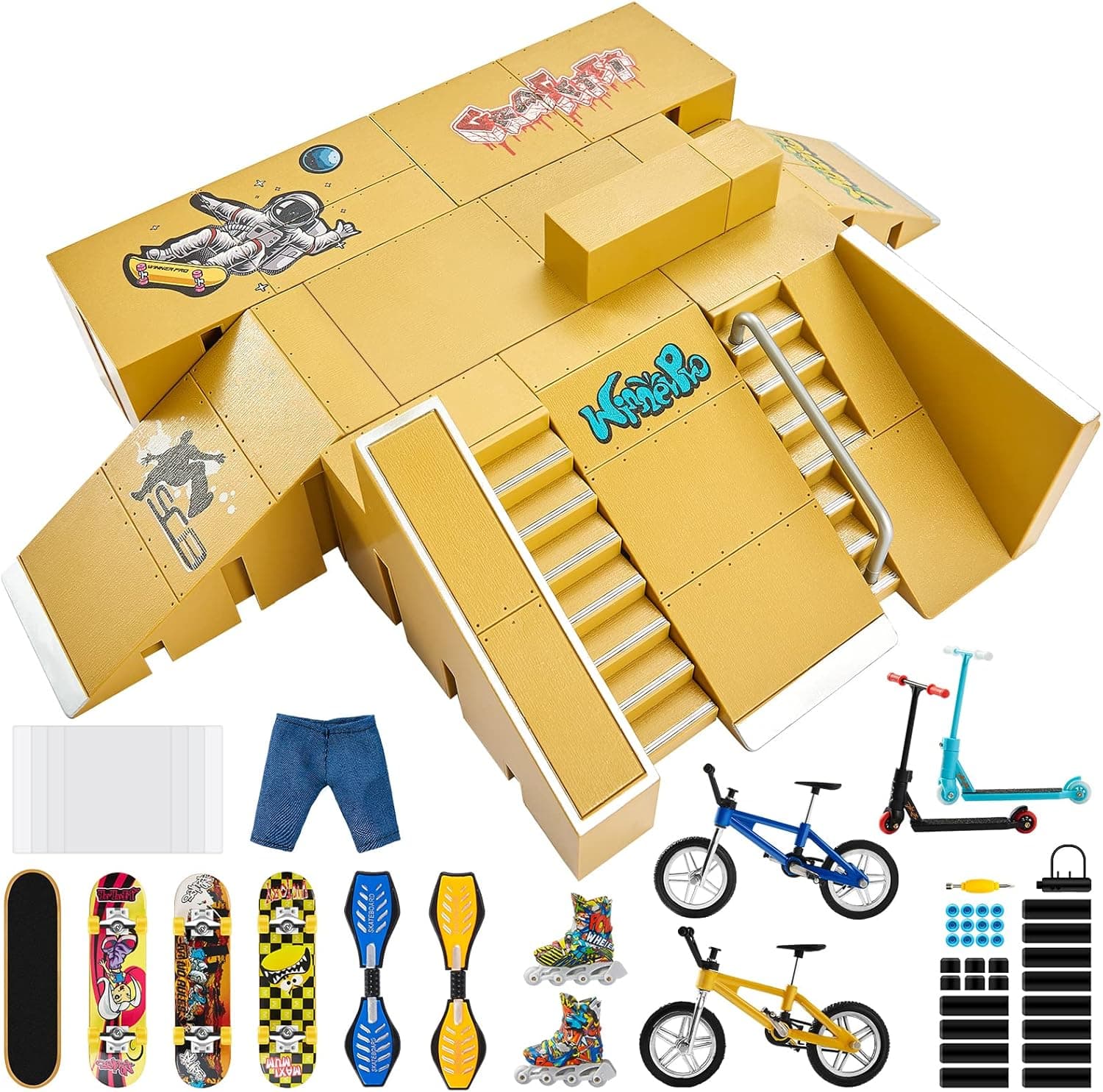 WINNER PRO Finger Skateboard Ramp 22PCS Kit Skateboard Park Kit with 14PCS Mini Finger Toy Set, Fingerboards, Finger Bike, Scooters, Mini Finger Skateboard Ramp Kit, Finger Skate Park for Kids Gift