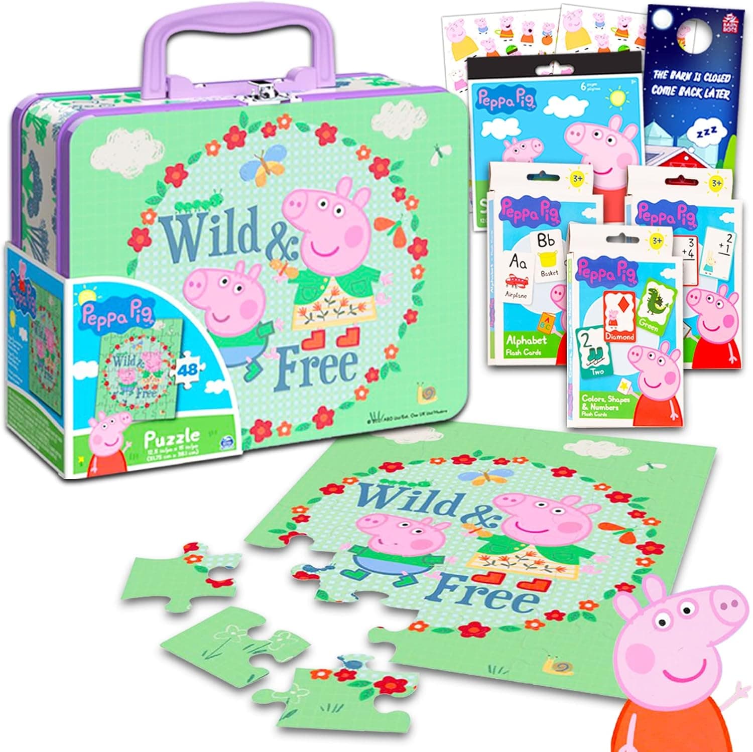 Peppa Pig Tin Lunch Box with Puzzle Set ~ 5 Pc Bundle with Peppa Lunch Box, 24-Piece Puzzle for Kids, Stickers, Flash Cards, and More (Peppa Pig Activity Set)