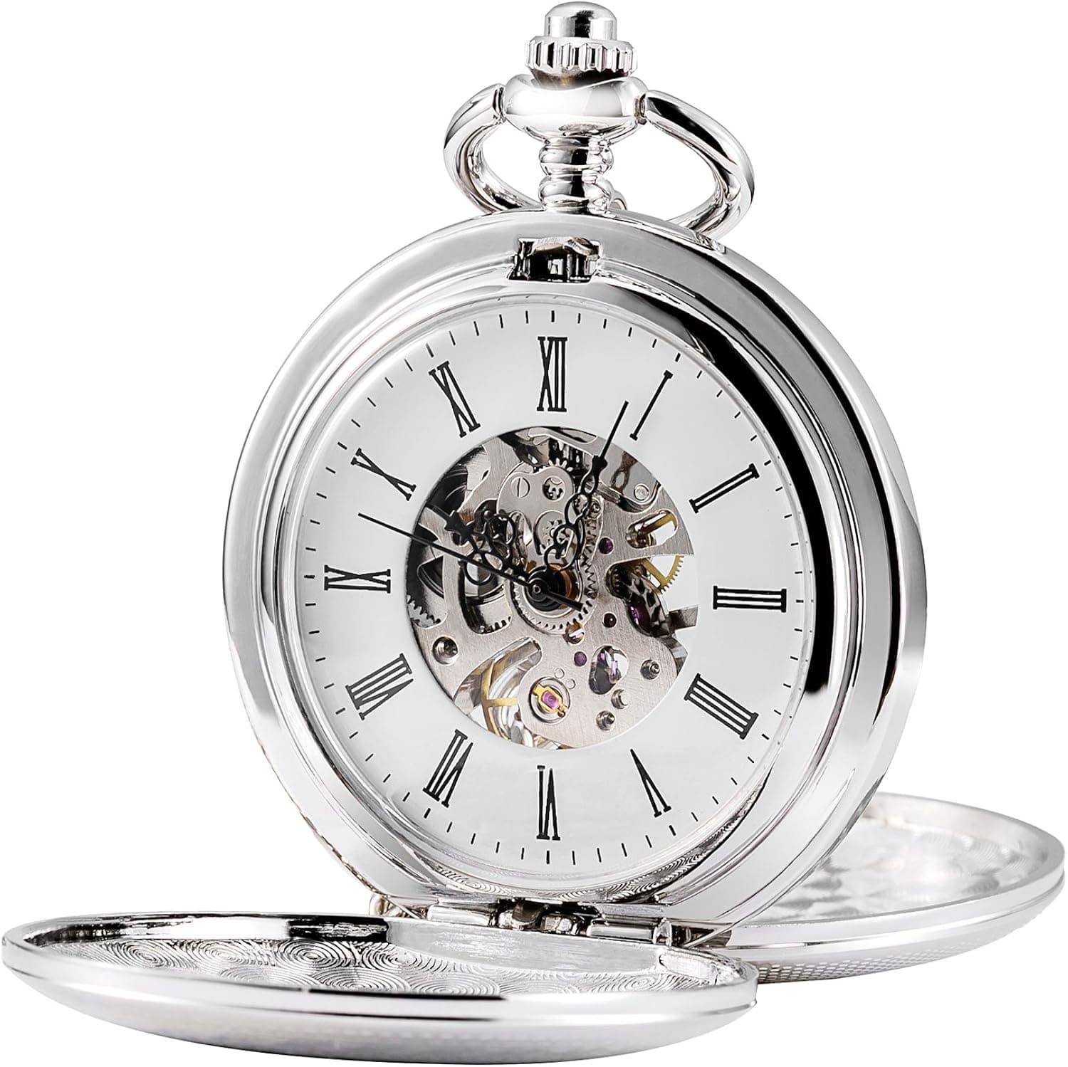 TREEWETO Mens Double Open Case Skeleton Pocket Watch Mechanical Hand Wind Full Hunter Silver Fob Watches