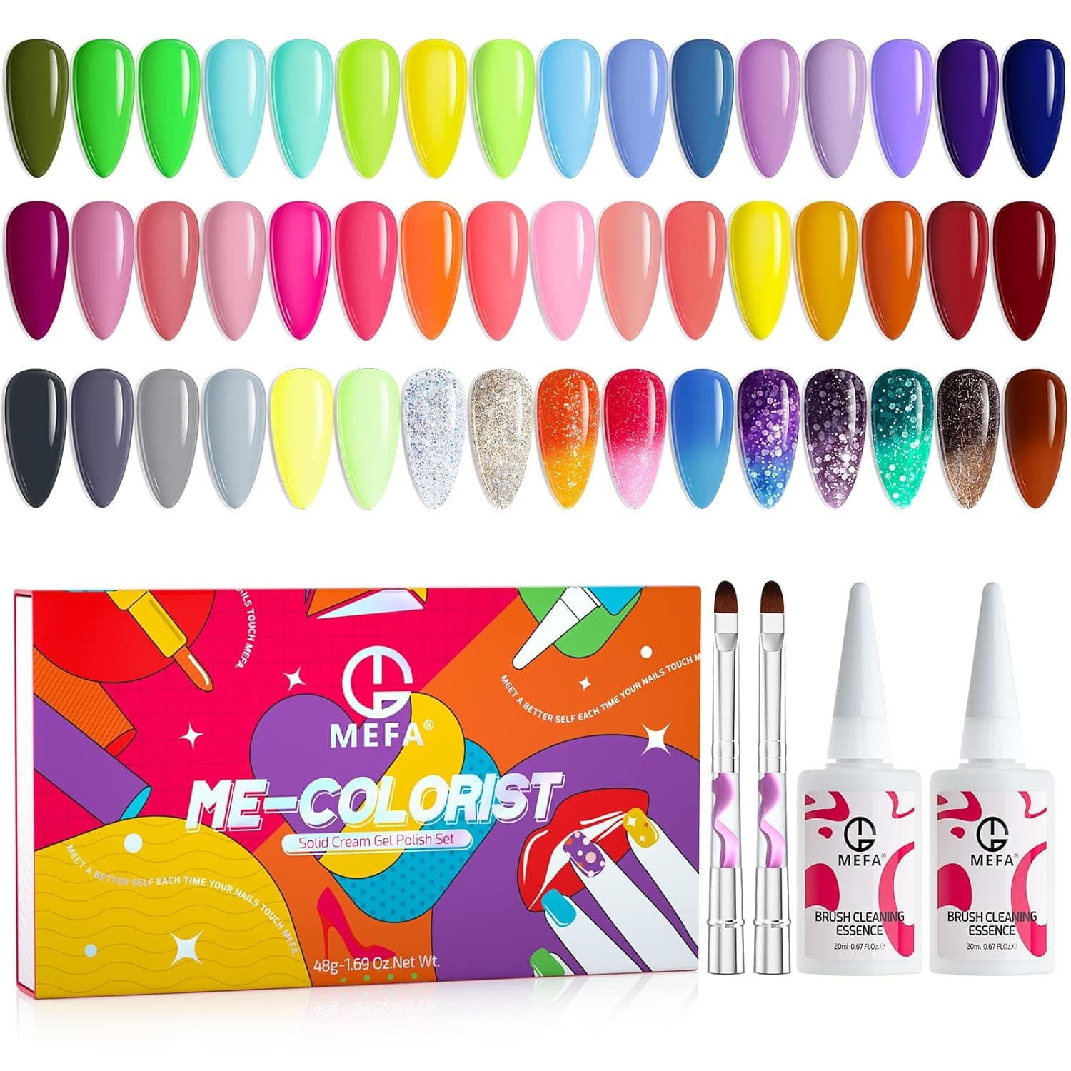 Solid Neon Gel Nail Polish Palette Set MEFA 48 Colors Summer Hot Pink Bright Green Orange Glitter Gel Cream Manicure Kit Soak Off LED Nail Art Kit DIY Home Gift with 2 Cleaning Essence 2 Brushes