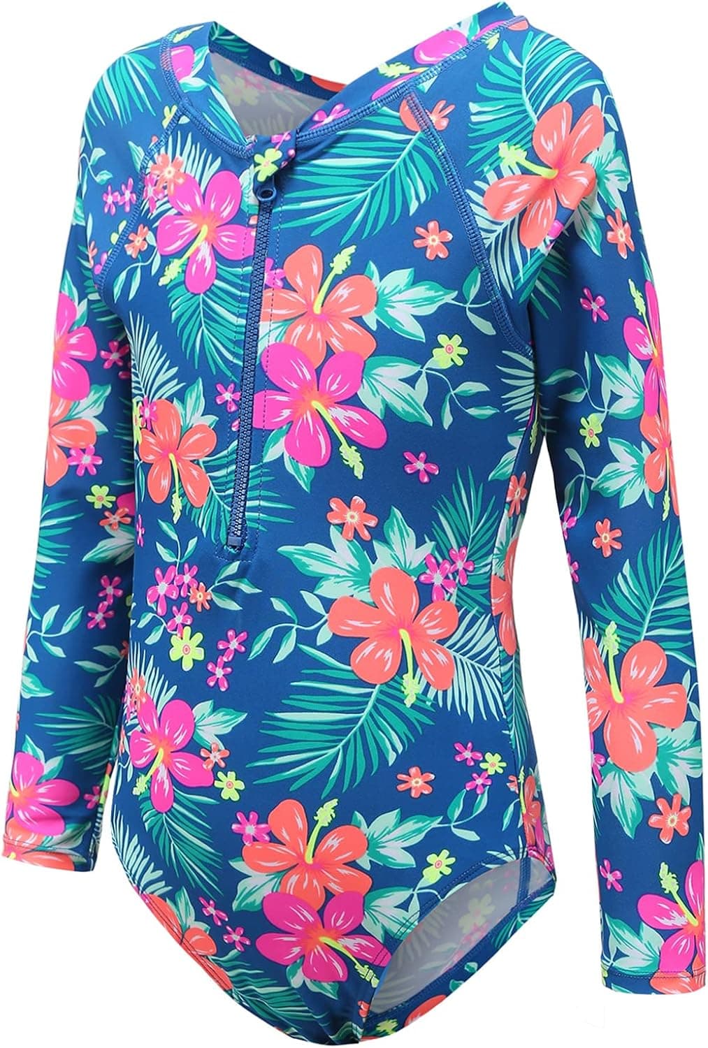Girls Long Sleeve Rash Guard One Piece Swimsuit Kids UPF 50+ Sun Protection Swimwear Rainbow Striped Bathing Suit 3-14 Years