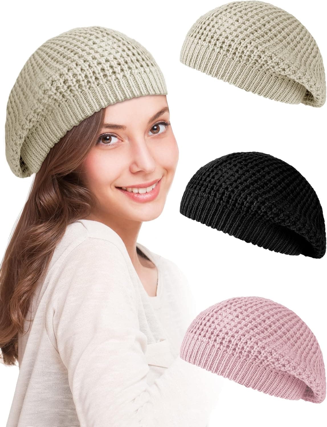Newcotte 3 Pcs Soft Slouchy Crochet Beret Chic Cutout Beret Hats for Women Lightweight Knit Beanie Caps for Women Girls