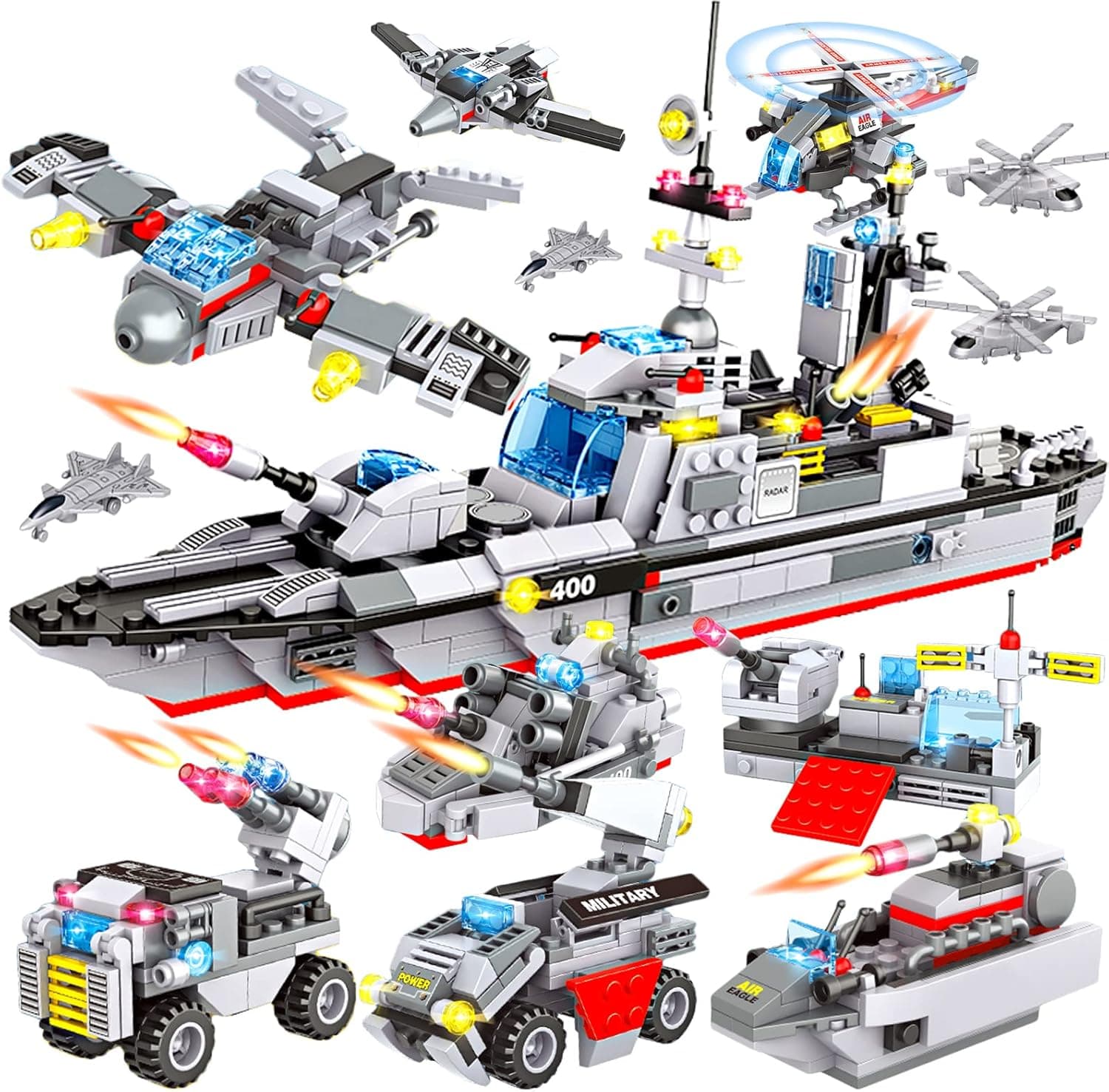 Building Blocks Toys 8 in 1 Military Battleship Building Set, 805 Pieces Warship Police Building Kit for Kids,Learning Roleplay Construction Toys Party Supplies Birthday Gifts for Boys and Girls