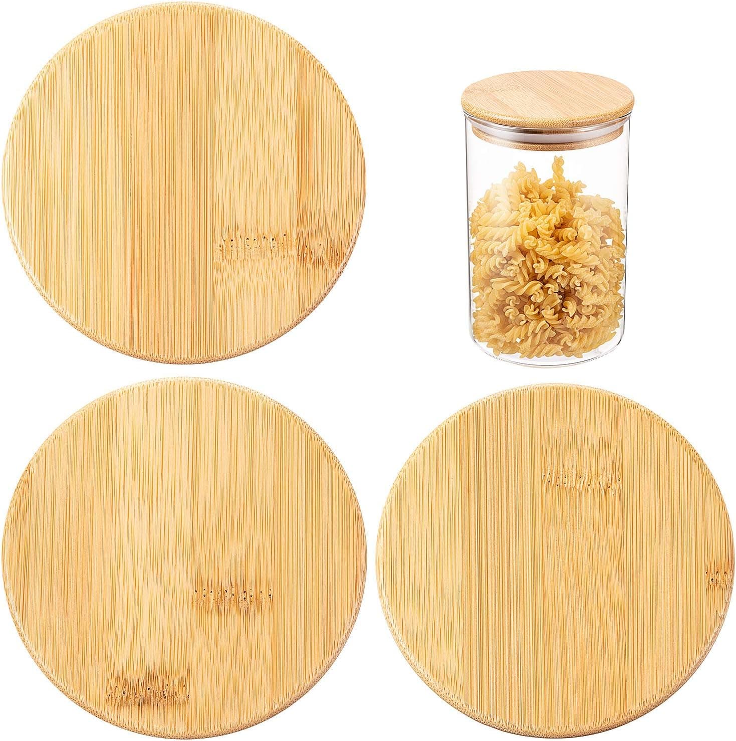 3 Pieces Airtight Seal Bamboo Lids Round Food Storage Jar Lids Bamboo Silicone Sealed Lids, Fits 3.74 Inch Jars