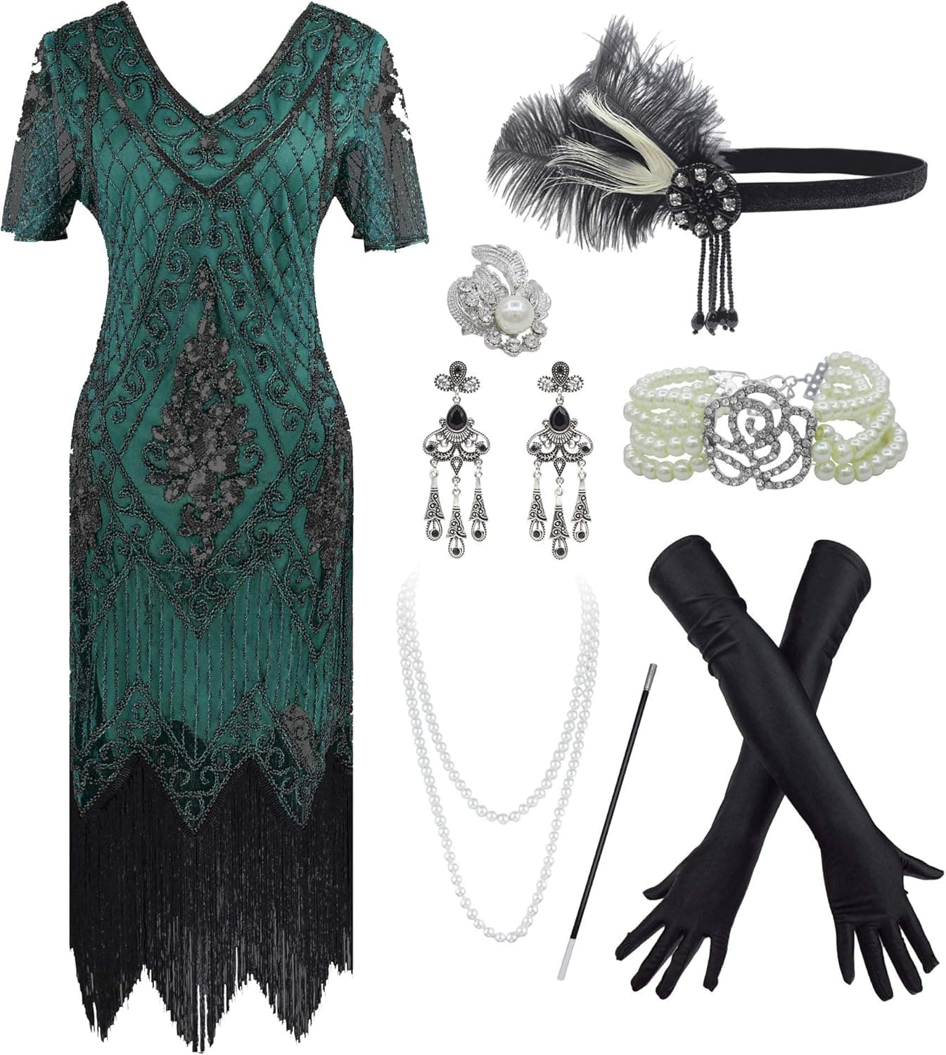 1920s Sequin Vintage Dress Beaded Gatsby Flapper Dress with Accessories Set