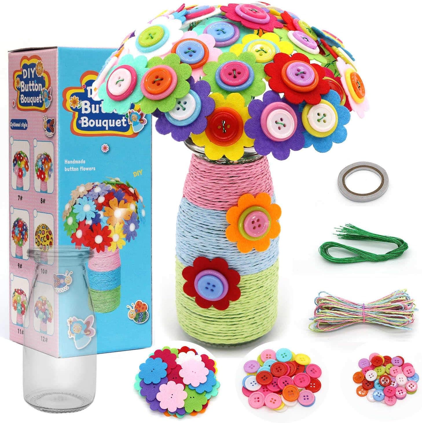 DIY Flower Craft Kit, Make Your Own Flower Bouquet with Buttons and Felt Flowers, Vase Art Toy & Craft Project for Children, Fun Activity Gift for Boys & Girls Age 4 5 6 7 8 9 10 Year Old (Sunflower)