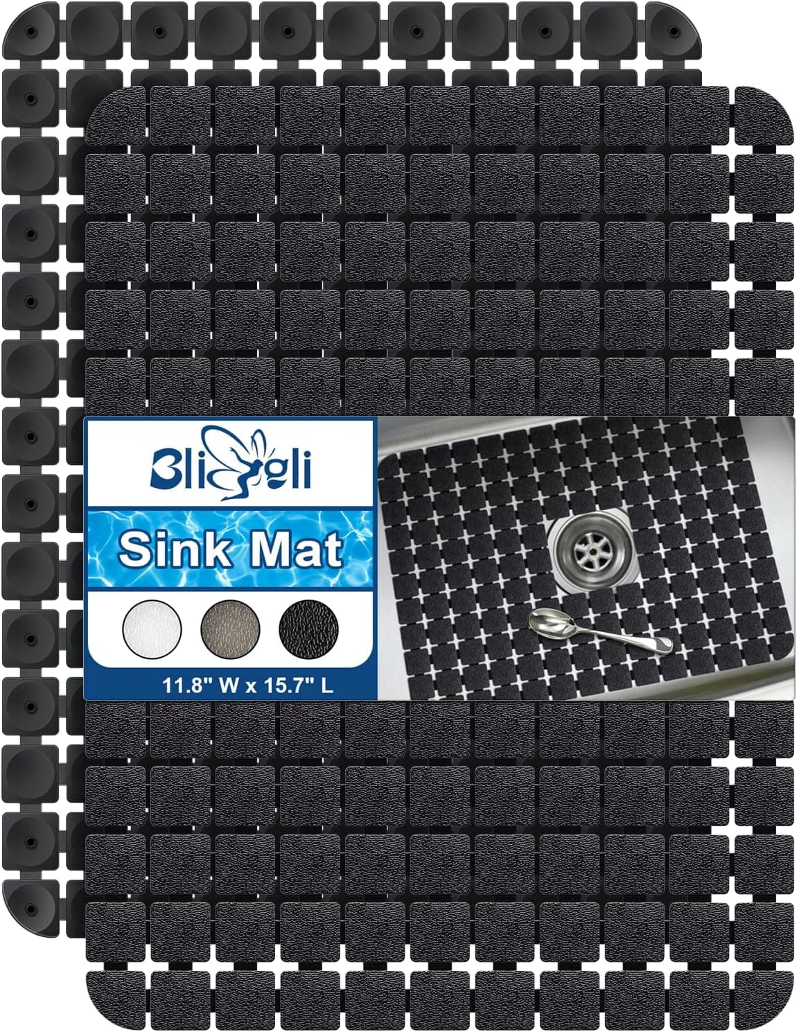 Bligli Sink Mat for Stainless Steel/Ceramic Sinks, 15.7x11.8 inches PVC Sink Protectors for Bottom of Kitchen Sink, Dishes and Glassware drain Mats, Durable and Fast Draining (Black)