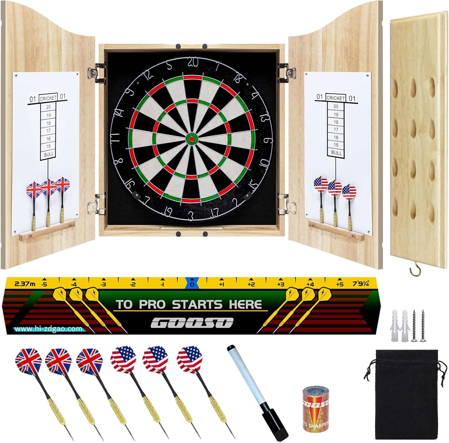 Dart Board Cabinet Set with 18 Inch Bristle Dartboard, Darts Holder Wall Mounted, Darts Throw Line, and Ready-to-Play Bundle with Steel Tip Darts Set