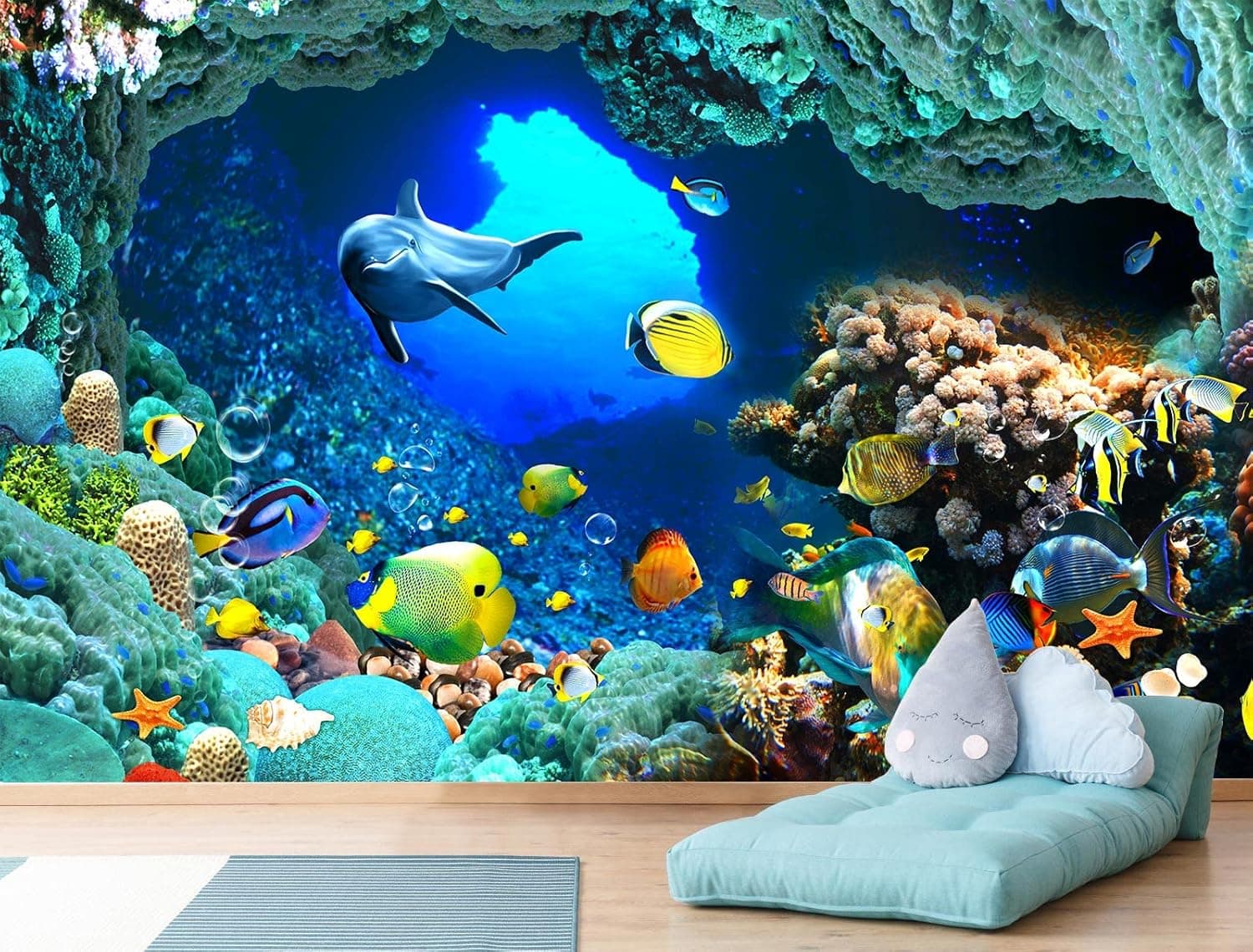 Reyhui Undersea World Wall Mural Ocean Fish Mural Wallpaper Wall Decor for Living Room Bedroom Dining Room(Not Self-Adhesive)