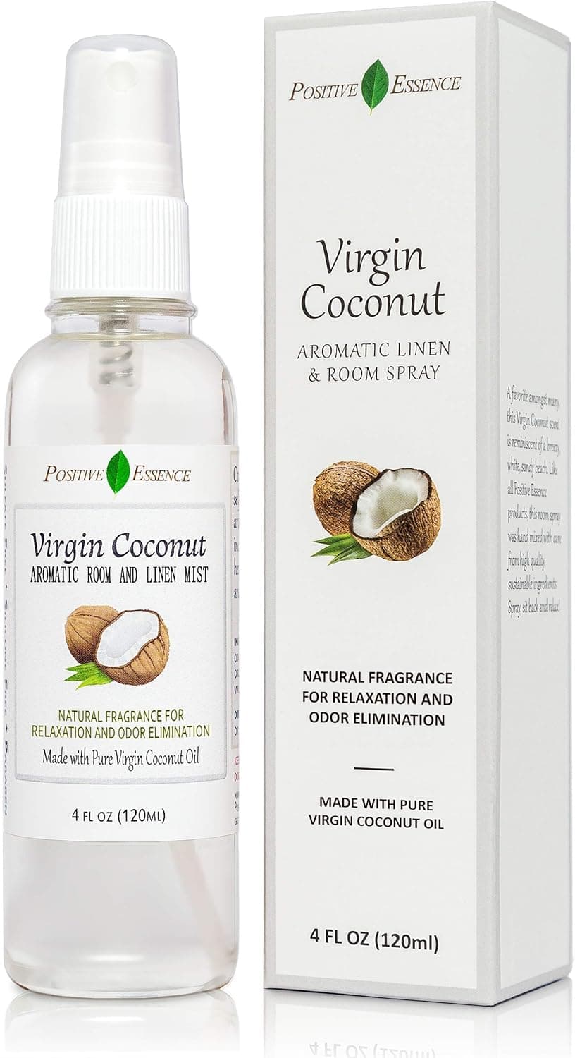 POSITIVE ESSENCE Virgin Coconut Linen and Room Spray, Natural Aromatic Mist Made with Pure Virgin Coconut Oil, Relax Your Body & Mind, Perfect as a Bathroom Air Freshener Odor Eliminator