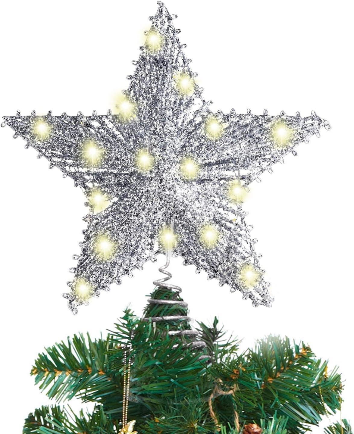 MAIAGO 10 Inches Christmas Tree Topper with 20 LED Lights, Silver Glittered Metal Christmas Tree Decorations for Home Party Holiday Winter Xmas Decorations, Warm White