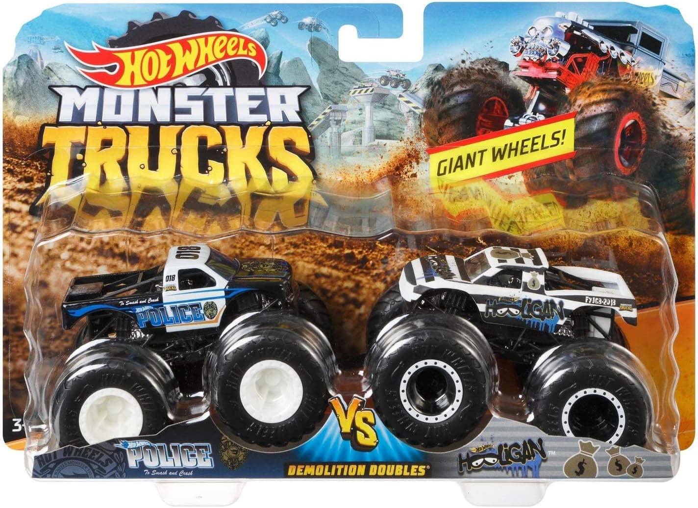 Hot Wheels MONSTER TRUCKS DEMOLITION DOUBLES POLICE VS HOOLIGAN GIANT WHEELS