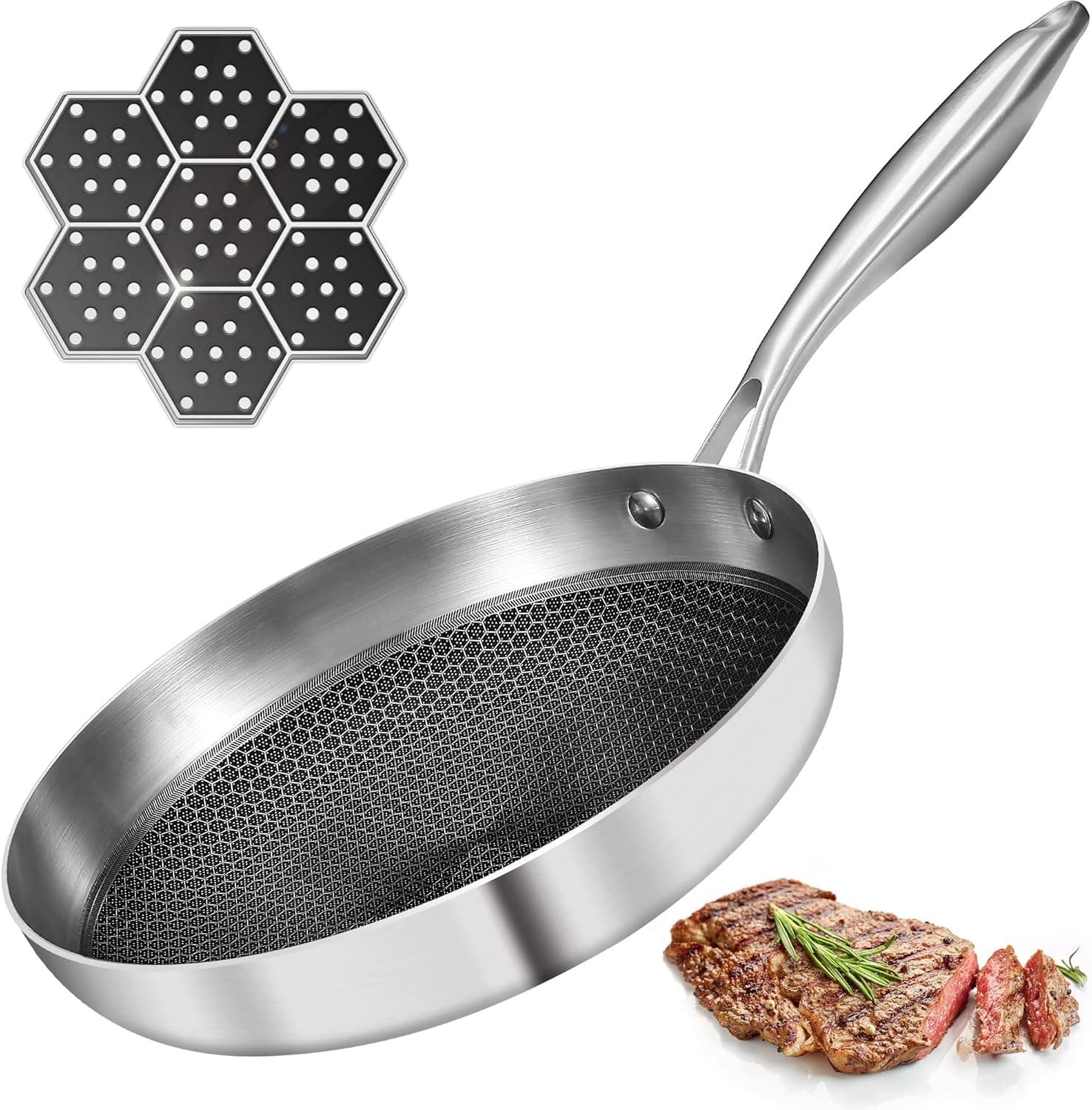 DELARLO Frying Pan Skillet, 8-inch Tri-Ply 18/10 Stainless Steel Saute Pan Anti-Scratch, Professional Chef Cooking Pan with Semi-Clad Honeycomb, Even Heating Induction Cookware PFOA-Free …