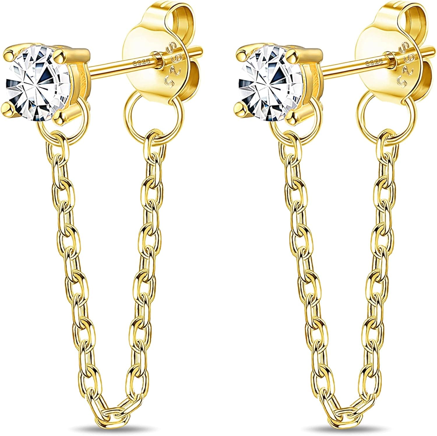 Milacolato 925 Sterling Silver Chain Stud Earrings 14K Gold Plated Cubic Zirconia/Ball/Butterfly/Dot Chain Earrings Ball Dangle Earrings Tassel Chain Earrings for Women, CZ