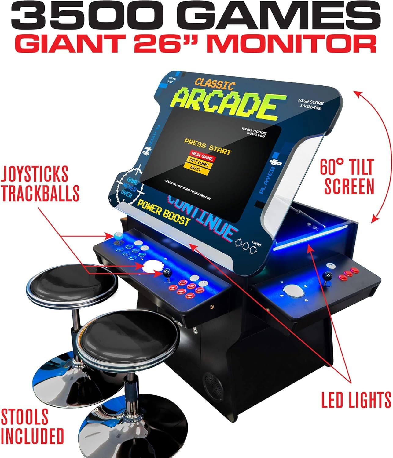 Creative Arcades Full Size Commercial Grade Cocktail Arcade Machine | 2 Player | 3500 Games | 26" LCD Lifting Screen | LED | 4 Sanwa Joysticks | Trackball | 2 Stools | 3 Year Warranty