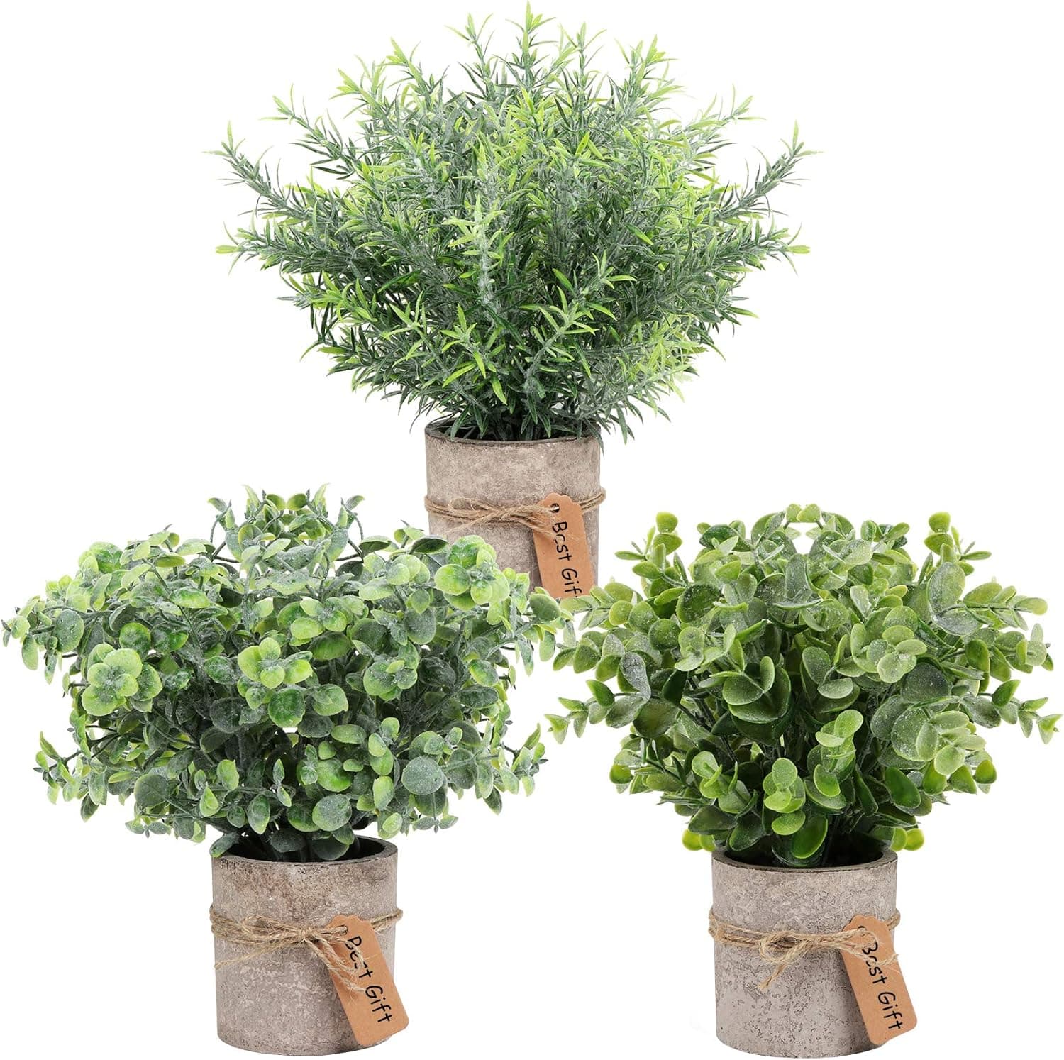 OurWarm 3 Pack Mini Potted Fake Plants Artificial Eucalyptus Plants, Plastic Small Faux Rosemary Plants with Gift Tags for Rustic Farmhouse Home Bathroom Office Desk Indoor Greenery Tabletop Decor