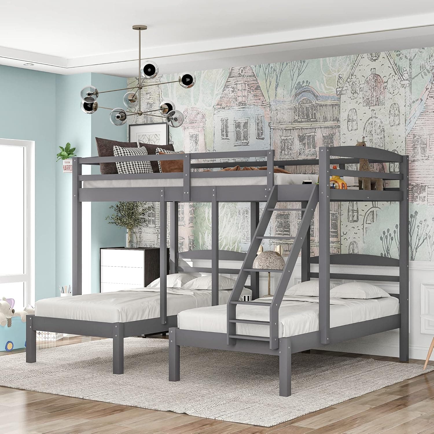Merax Wood Triple Bunk Bed Frame with Drawers and Guardrails, No Box Spring Needed, Gray