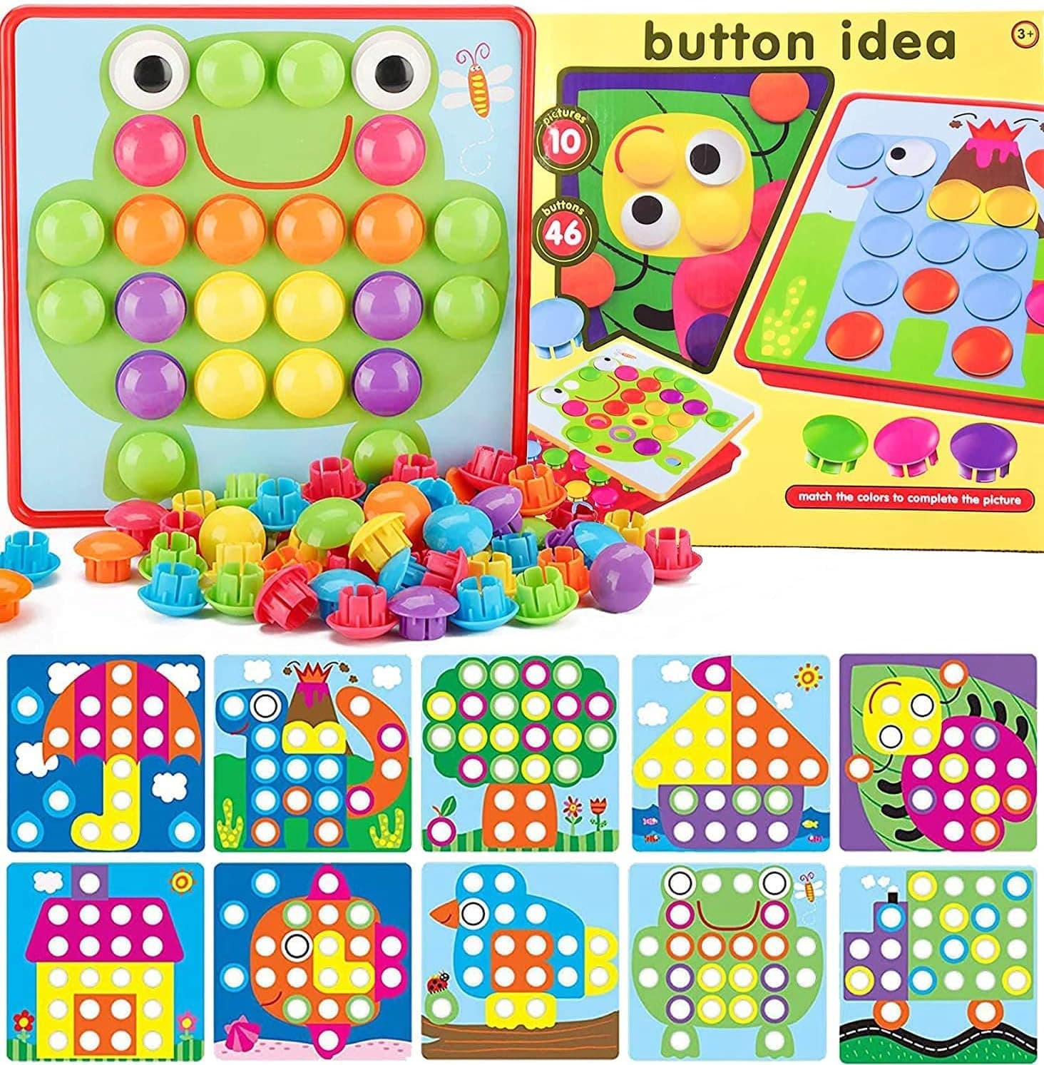58 Pcs Button Art Toys for Toddlers,Toddler Activities Crafts for Toddlers 2-4 Years,Color Matching Mosaic Pegboard Early Learning Educational Toys,Include 12 Pictures and 46 Buttons with Box