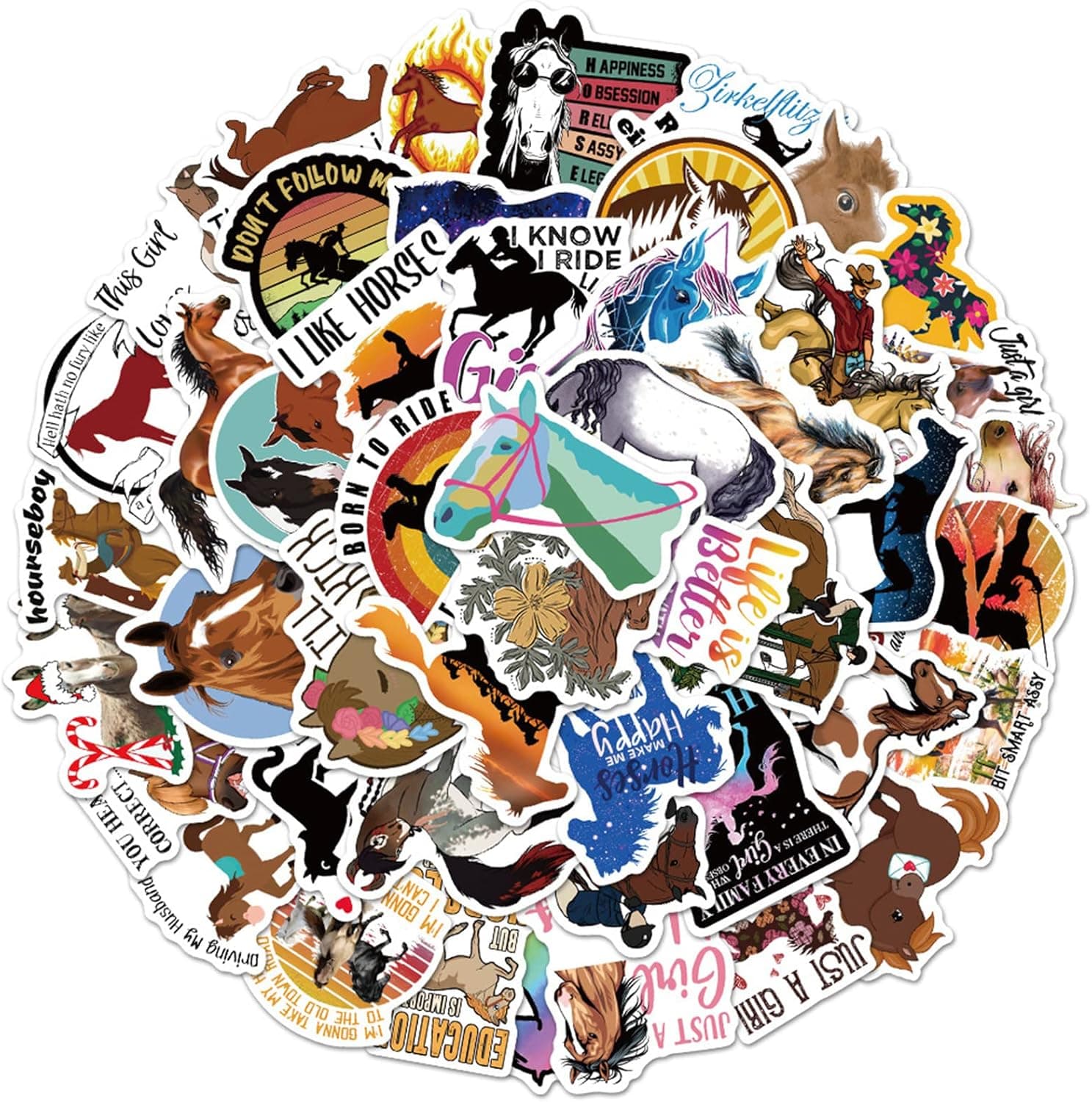 Horse Stickers 50 Pcs, Riding Vinyl Decal, Waterproof Sticker Pack for Water Bottle, Laptop, MacBook, Phone, Hydro Flask