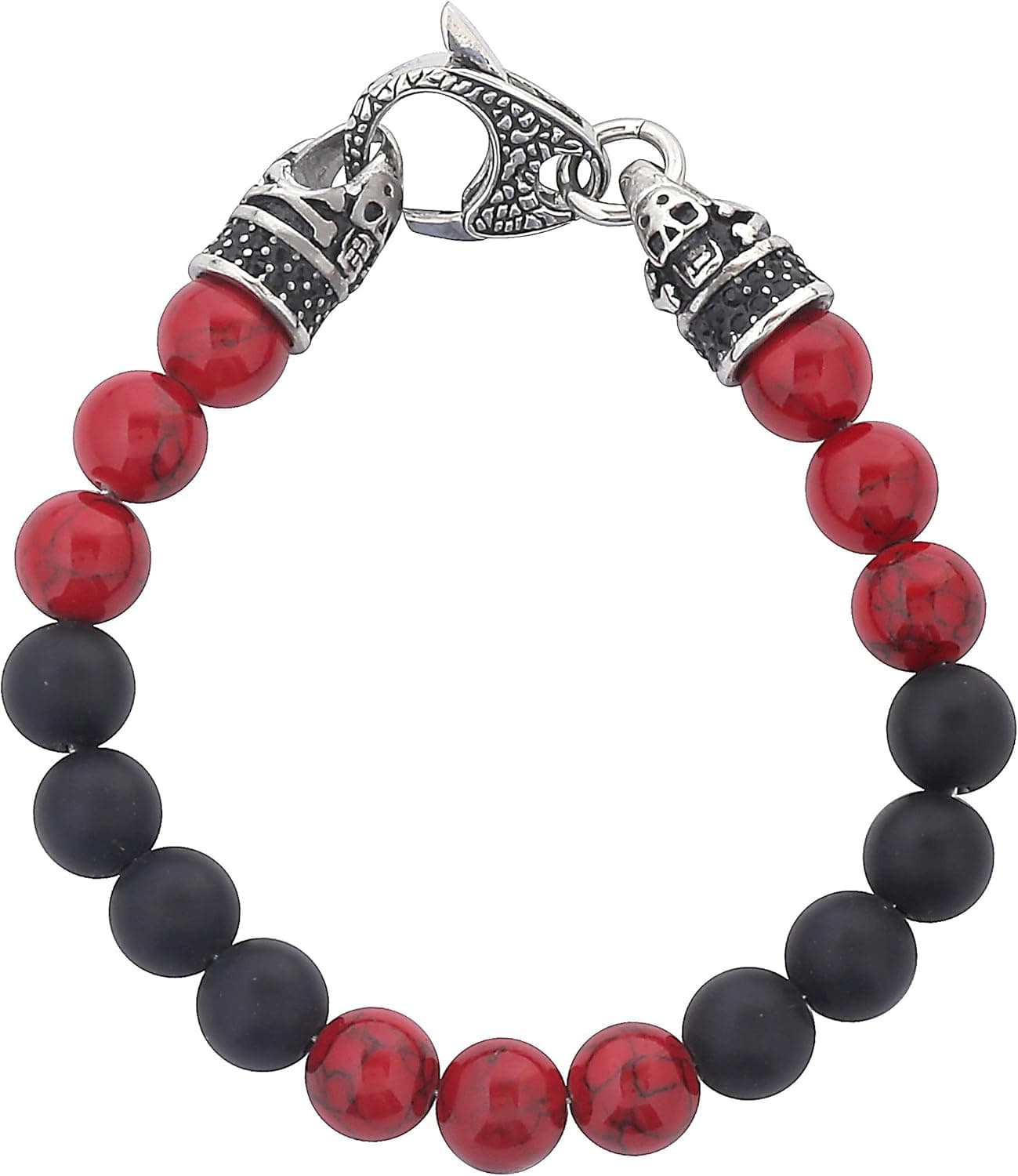 Crucible Jewelry Mens Stainless Steel Red Stone and Onyx Skull Clasp Beaded Bracelet (10mm) - 8", One Size