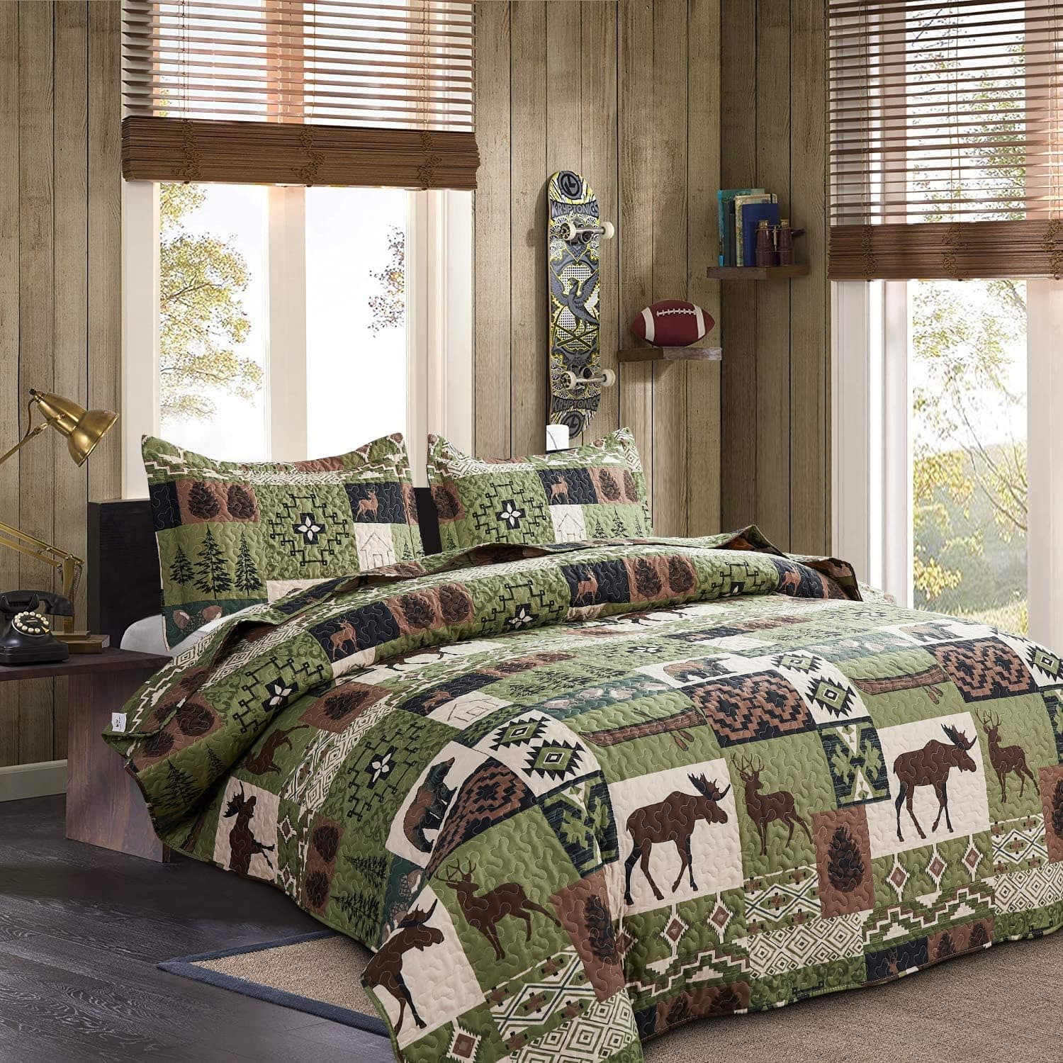 Quilts Set Twin Size Rustic Quilt Bedspread Coverlet Twin Quilt Bedding Lodge Country Patchwork Bear Bedding Home Lightweight Quilt Reversible Cabin Bedding Forest Animal Moose Rustic Bedding Olive