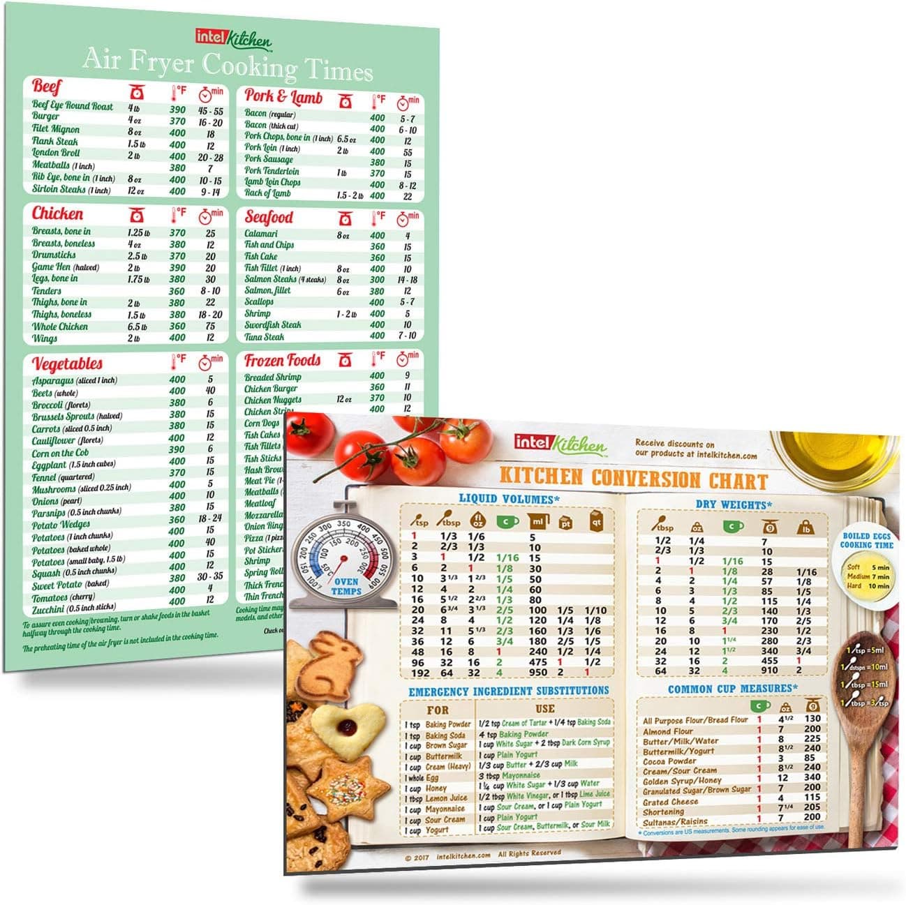 Cool Kitchen Gift Set: Green Air Fryer Cooking Times and Kitchen Conversion Chart Magnets (8"x11") Cooking Measuring Baking Frying Accurate Cheat Sheet Chart Guide Recipes Cookbook Accessories