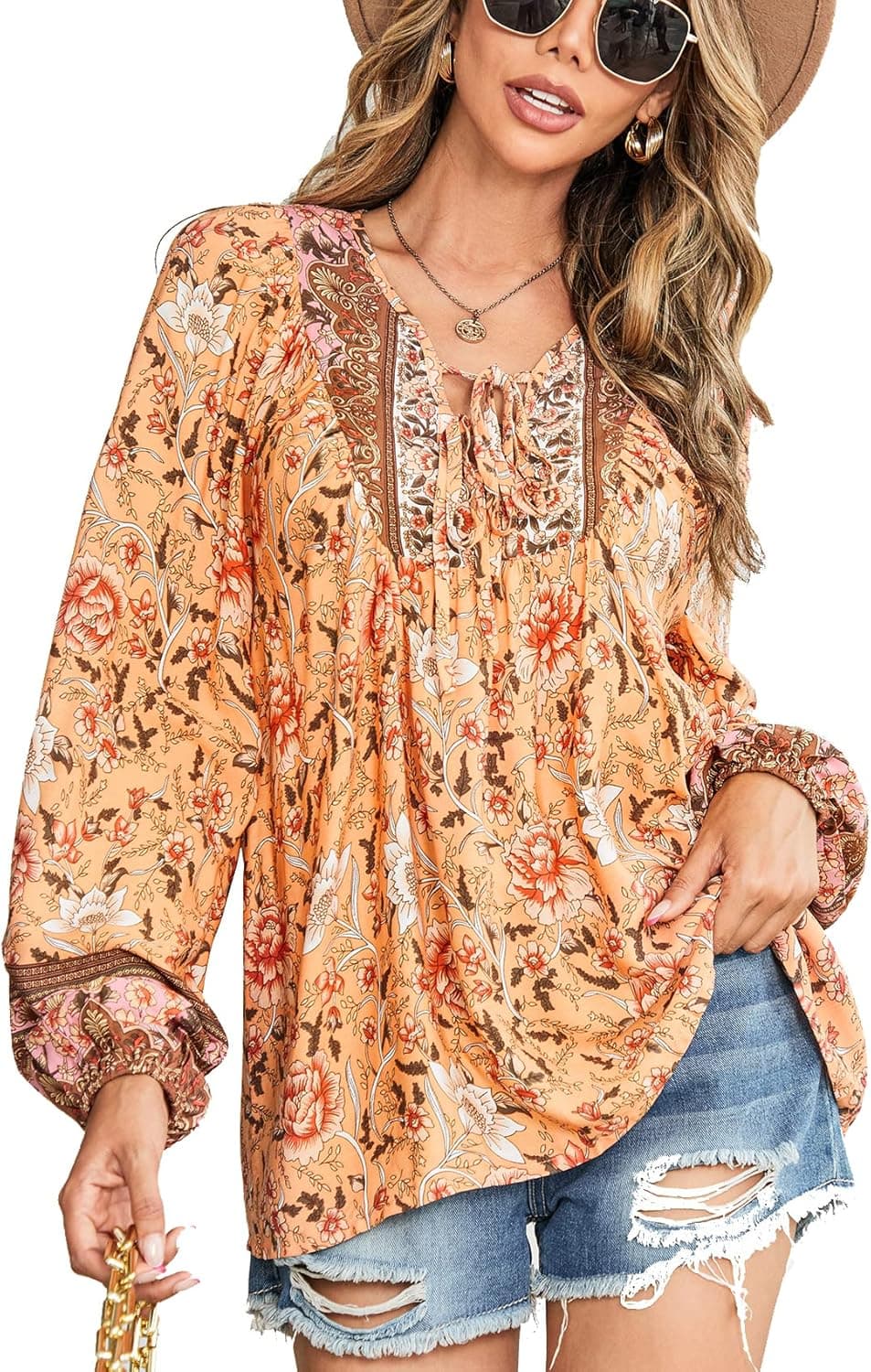 Women's Floral Boho Tunic Tops Casual Long Sleeve Loose Flowy Beach Blouses Self-Tie V Neck T Shirts Orange
