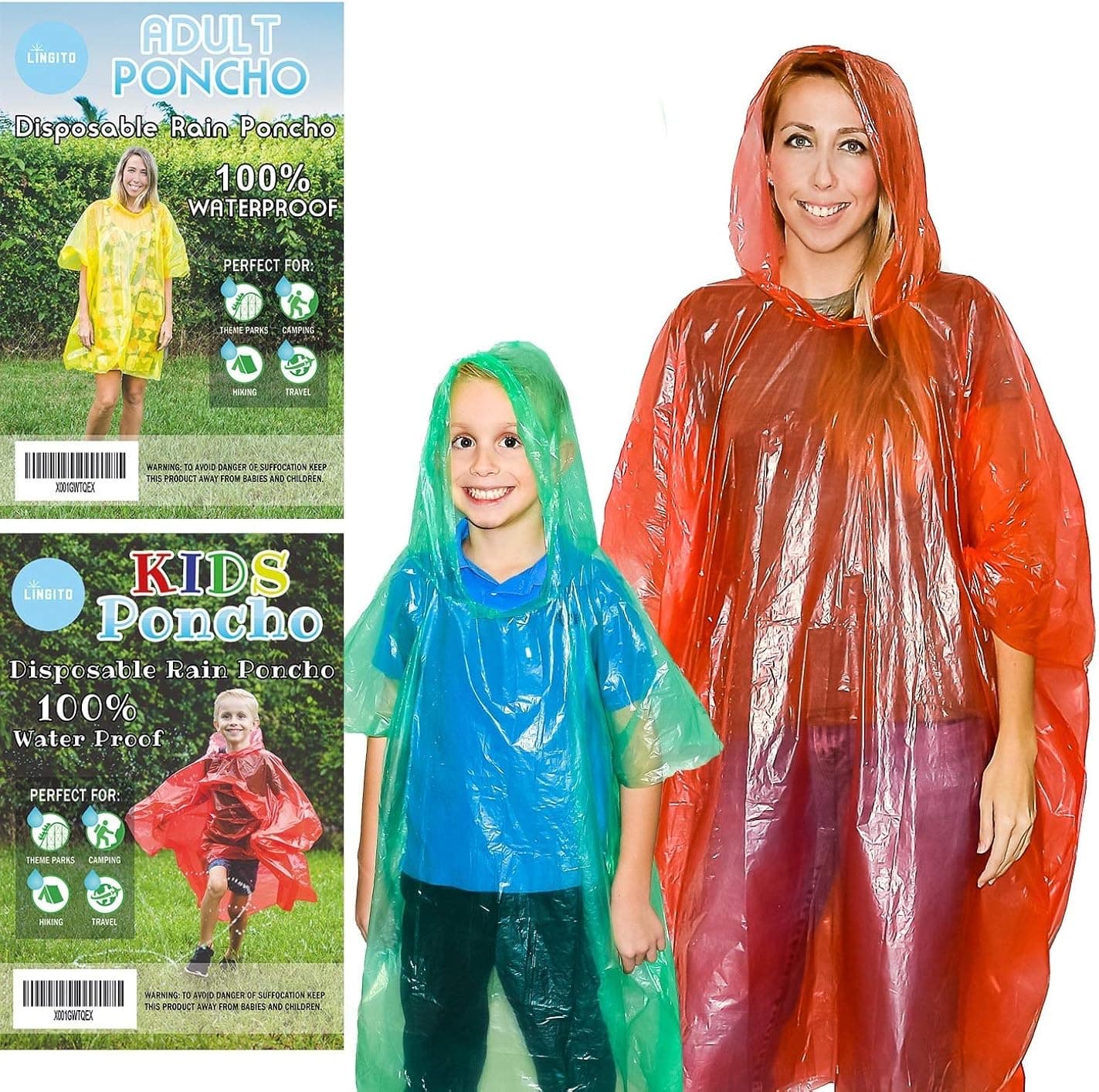 Lingito 20 Pack of Family Rain Ponchos | Disposable Emergency Ponchos | Perfect for Camping, Hiking & Travel