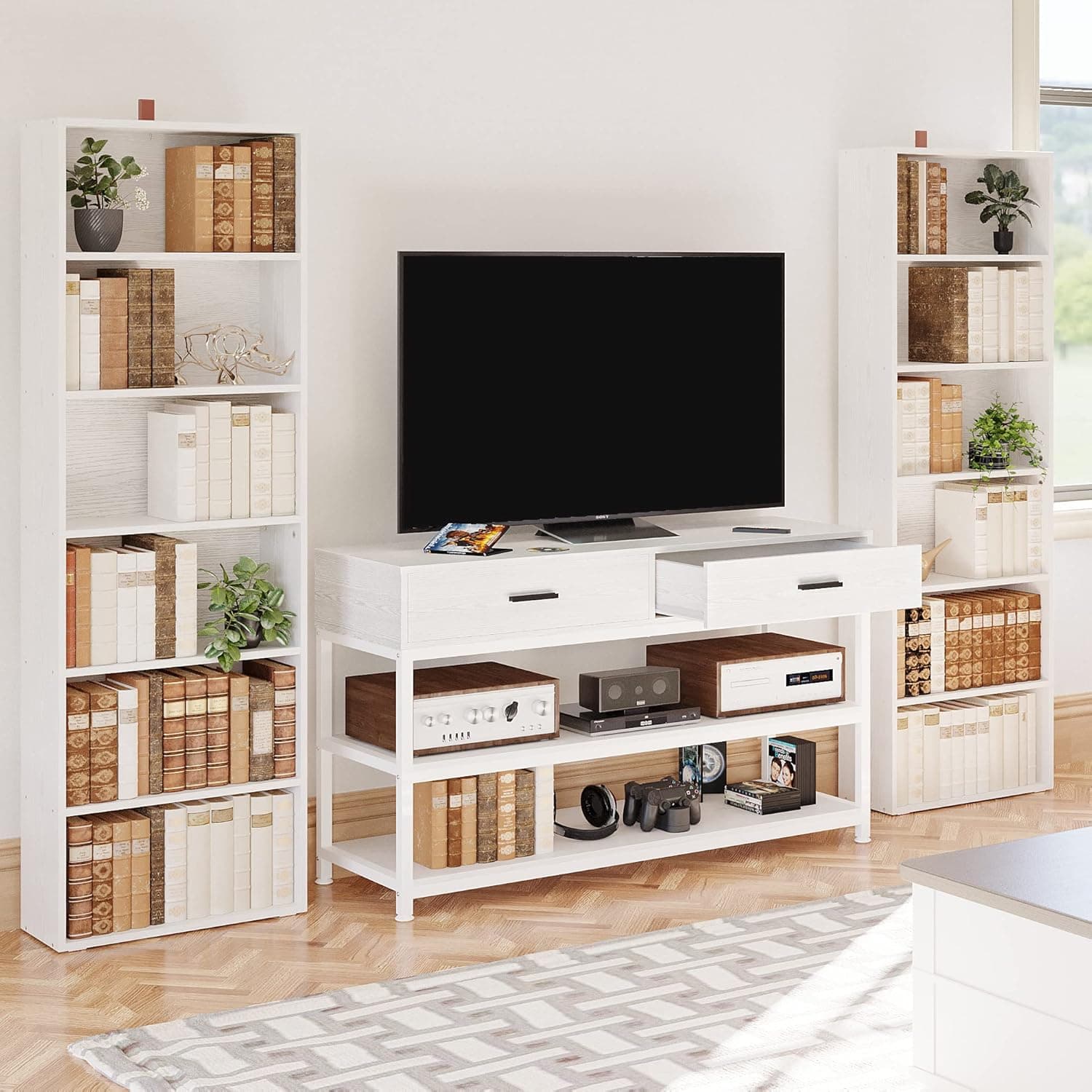 IRONCK TV Stand for 55 Inch TV with Drawers, Entertainment Center TV Stand Console Table for Living Room, 47 Inches Wood TV Console Storage Cabinet, Industrial White