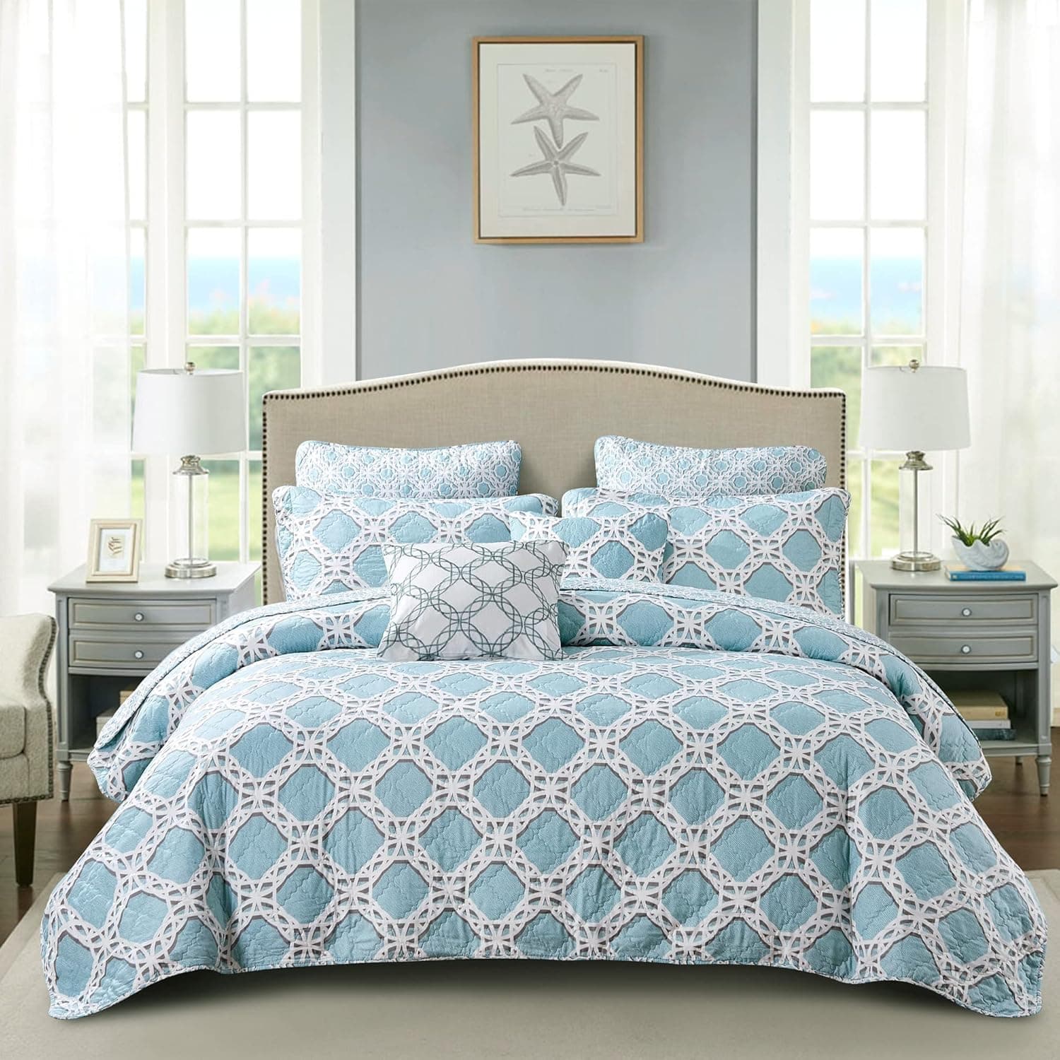 Home Soft Things 7 Piece Printed Microfiber Bedspread Quilts Set, 102" x 90" King, Monroe, Blue Durable Geometric Lightweight Bed Cover Coverlet Bedding Set with Matching Shams Pillows
